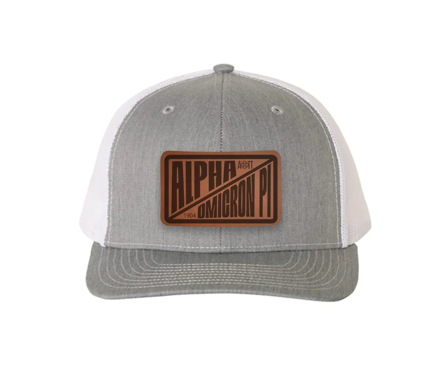 Alpha Omicron Pi Richardson 112 Leatherette Patch Trucker Hat - Divide