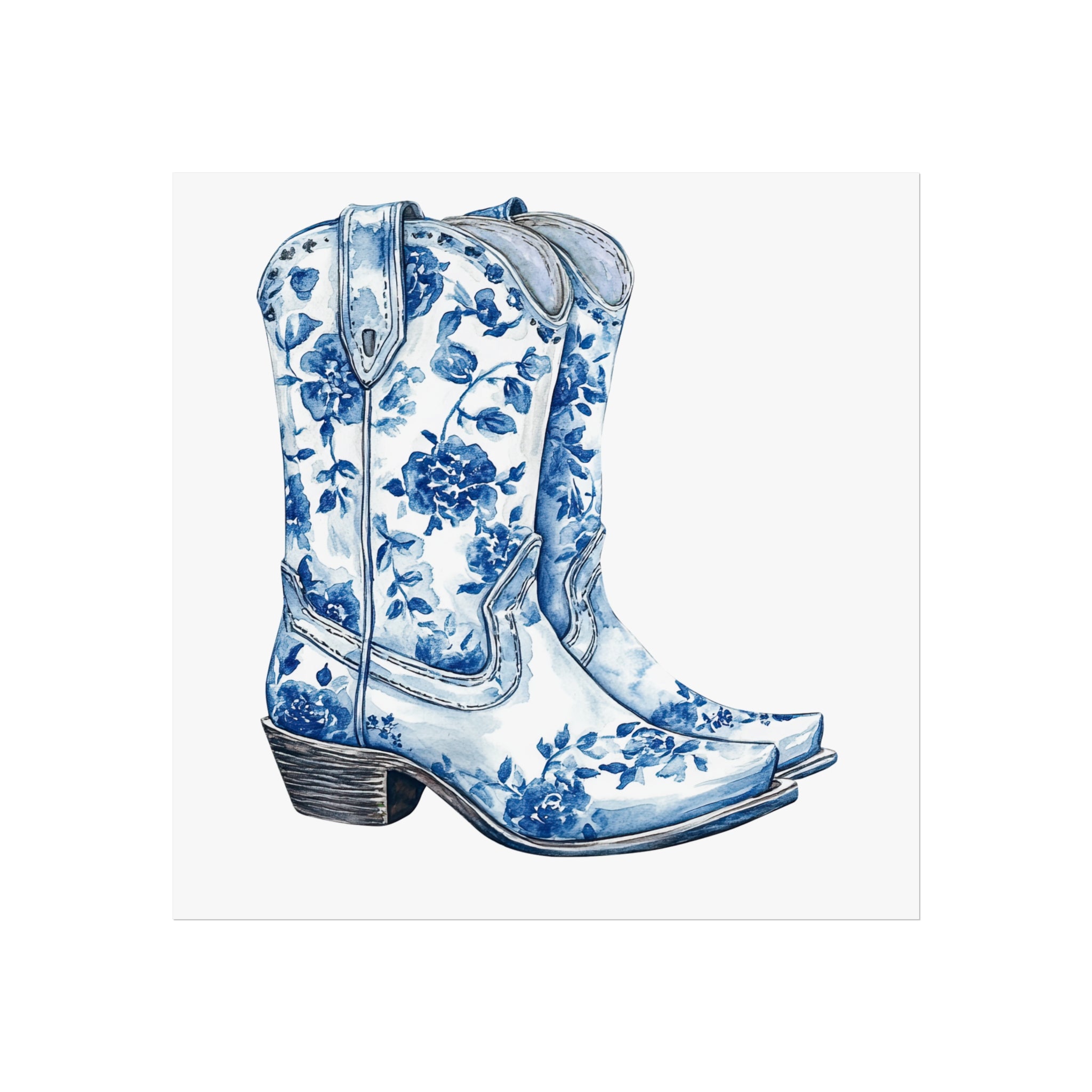 Blue Floral Cowboy Boots Art Print, Dorm Room Decor Rustic Home Art, Gift for Cowgirl, Country Decor, Bohemian Style