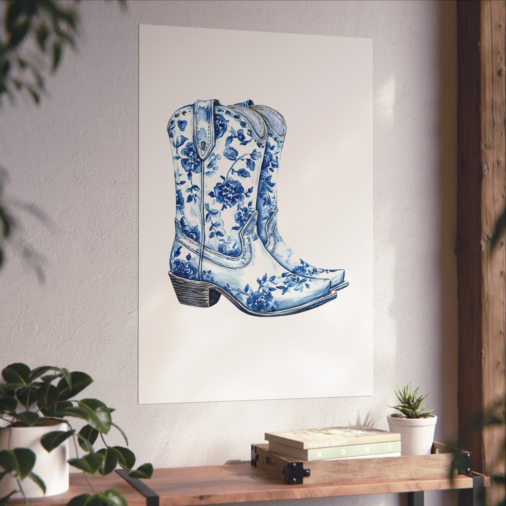 Blue Floral Cowboy Boots Art Print, Dorm Room Decor Rustic Home Art, Gift for Cowgirl, Country Decor, Bohemian Style