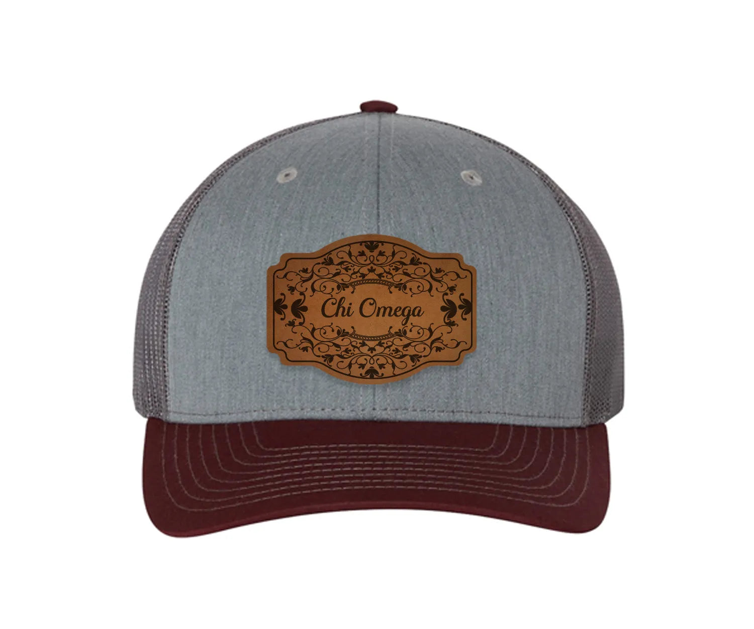 Chi Omega Richardson 112 Leatherette Patch Trucker Hat - Scroll