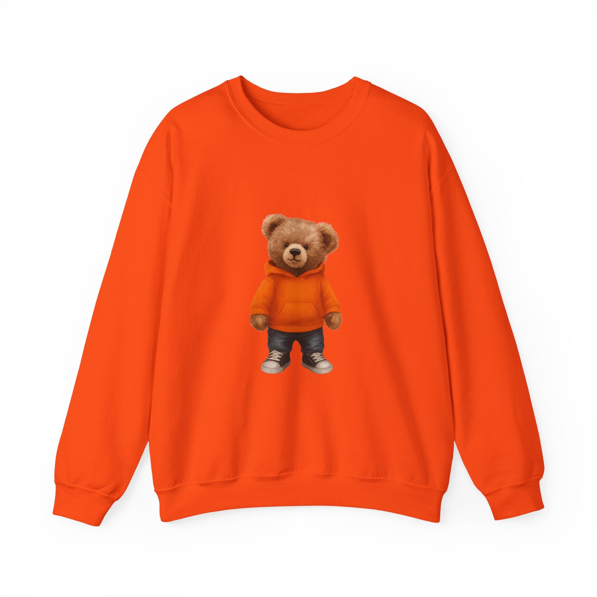 CUSTOMIZABLE Trendy Bear with Orange Hoodie Cozy Bear Crewneck Sweatshirt