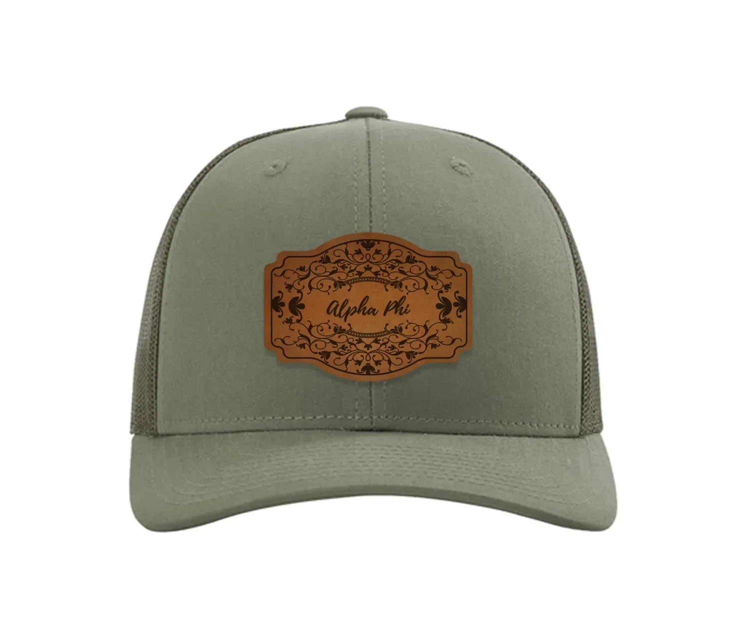 Alpha Phi Richardson 112 Leatherette Patch Trucker Hat - Scroll