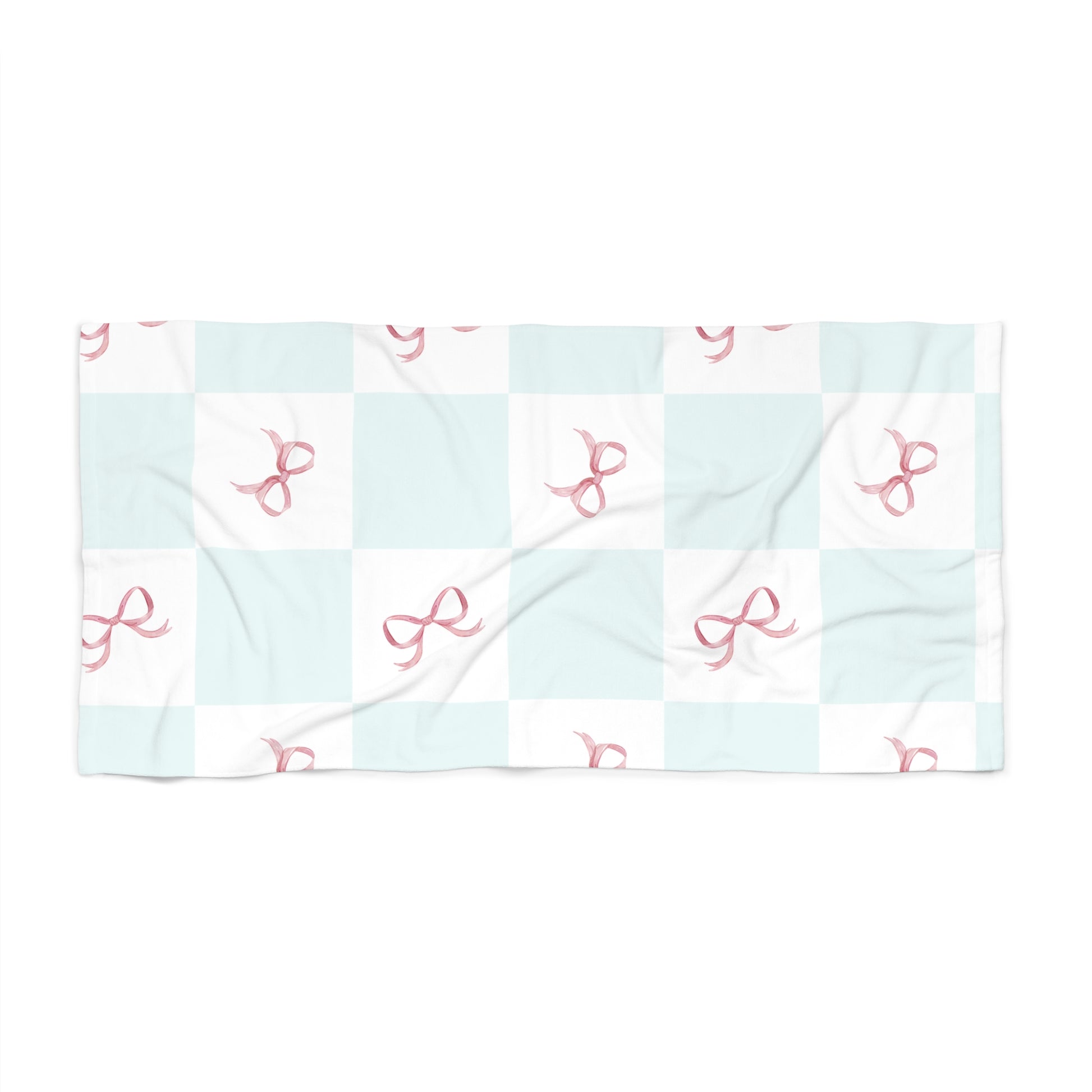 Light blue fabric with pink bow pattern on a white background