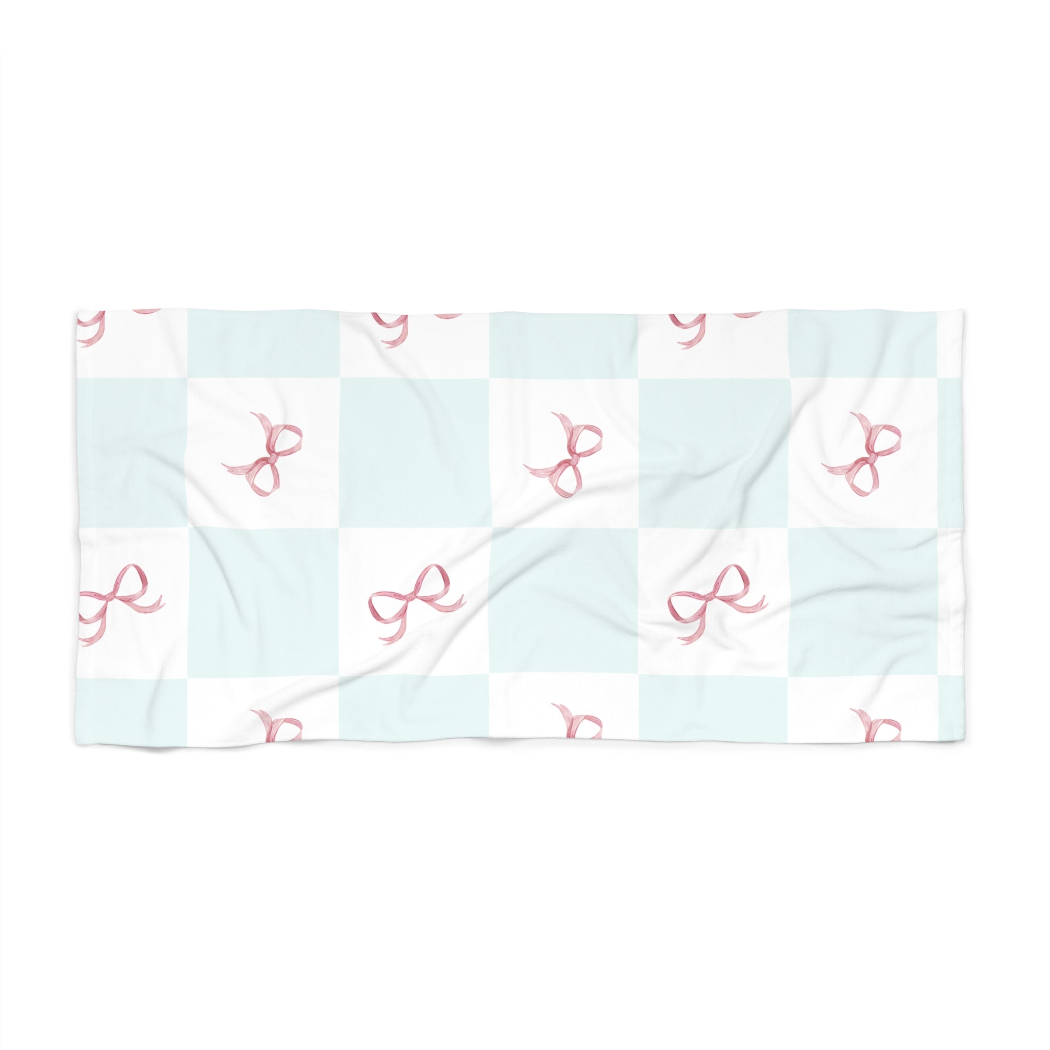 Light blue fabric with pink bow pattern on a white background