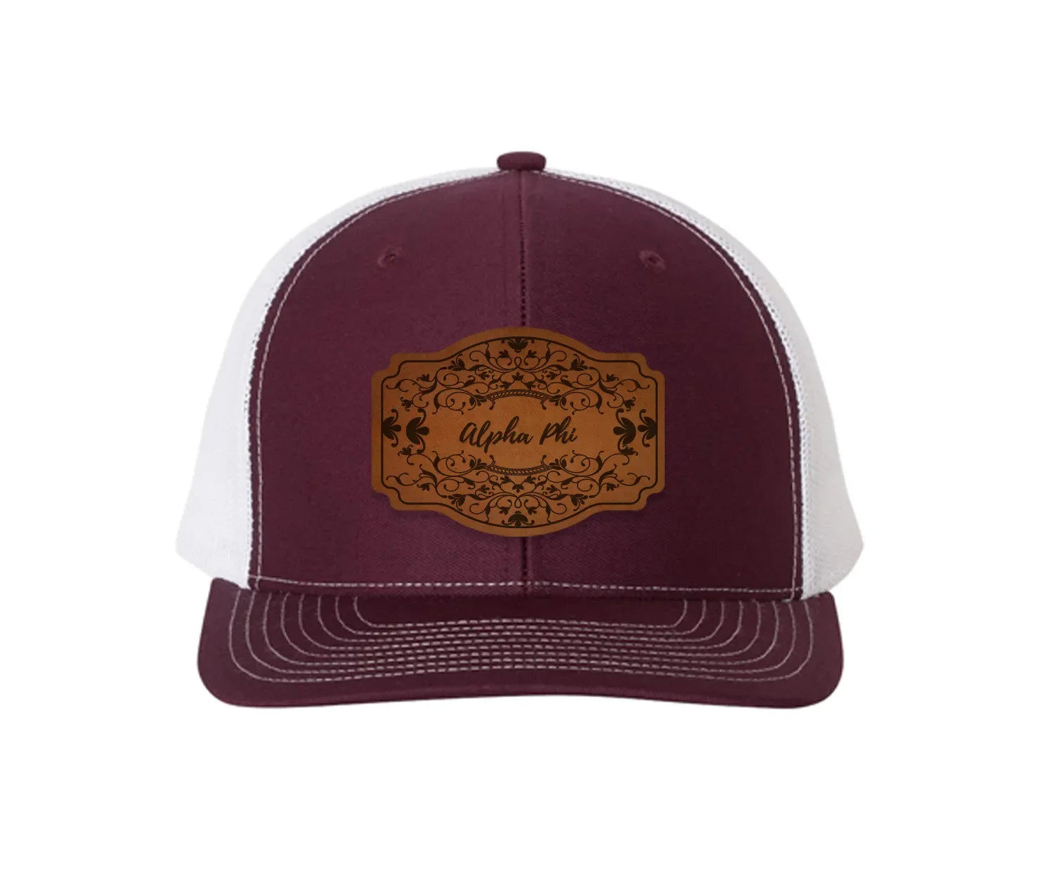 Alpha Phi Richardson 112 Leatherette Patch Trucker Hat - Scroll