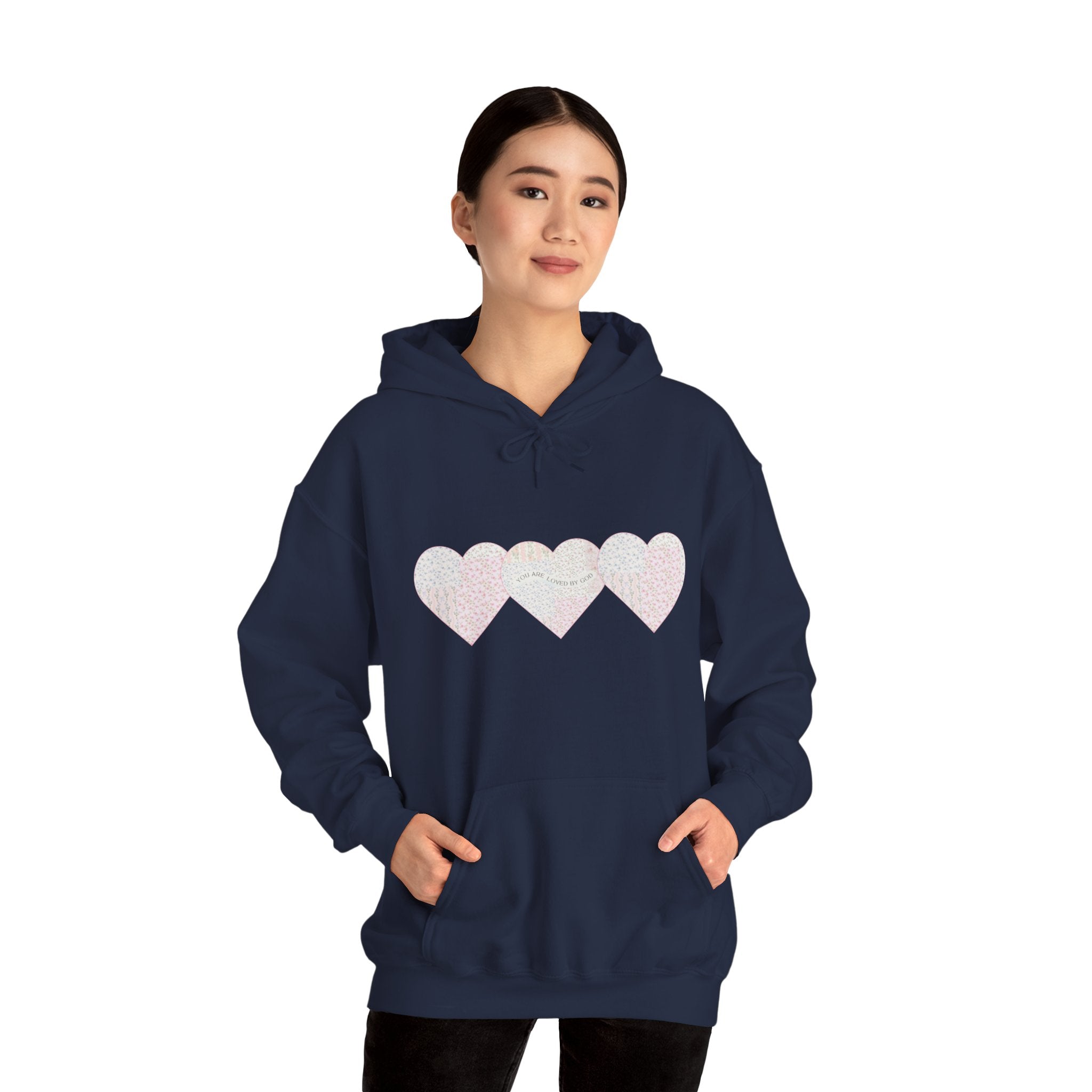 You Are Loved By God Heartfelt Hoodie with Patchwork Hearts Design