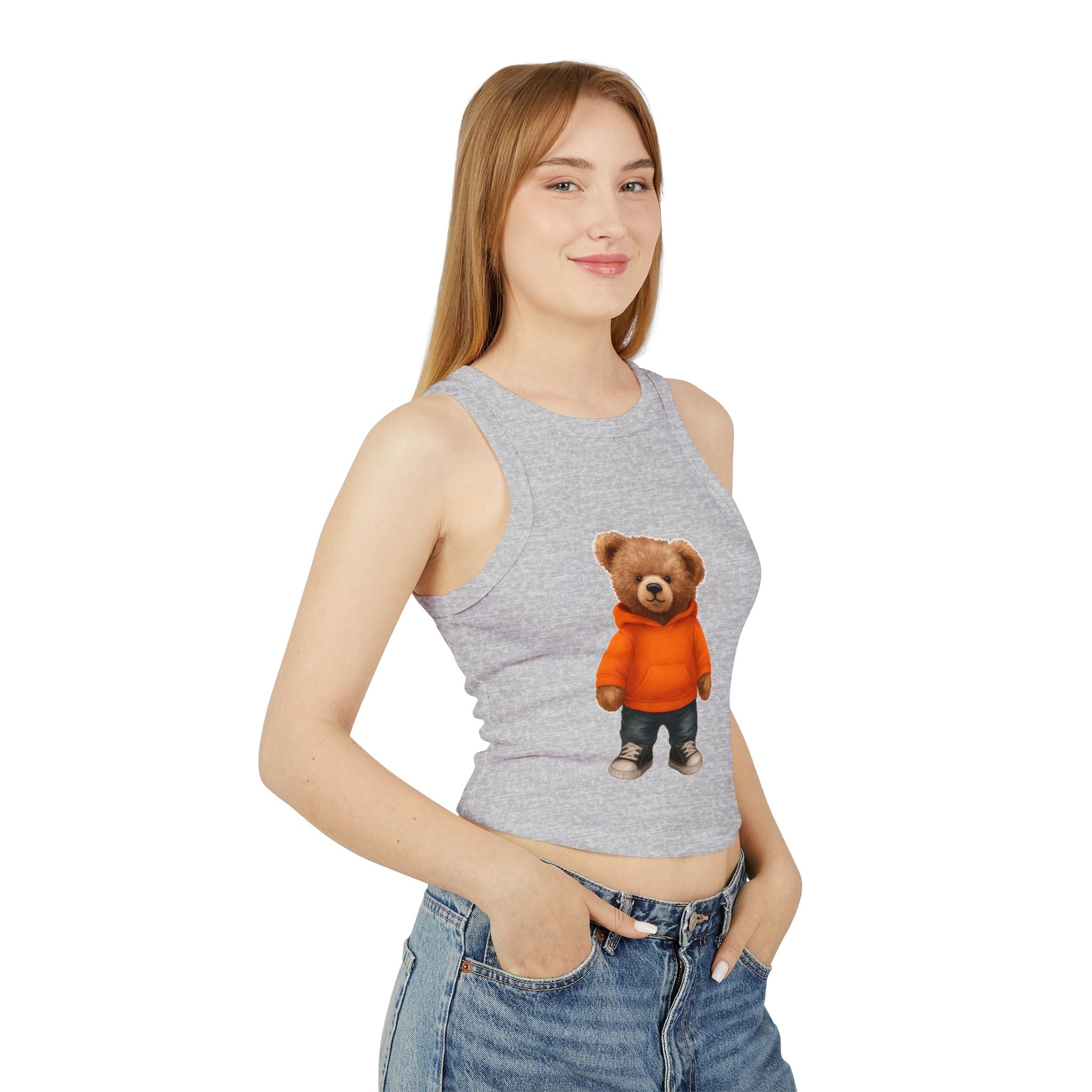 Trendy Bear Print Racer Tank Top for Women, Casual Summer Top, Cute Beachwear, Gift for Her, Festival Fashion, Stylish Comfort