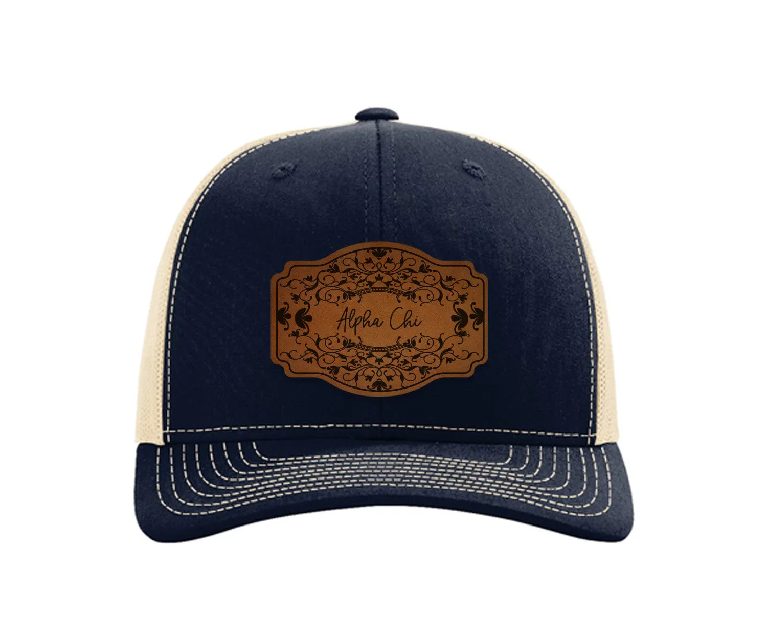 Alpha Chi Omega Richardson 112 Leatherette Patch Trucker Hat - Scroll