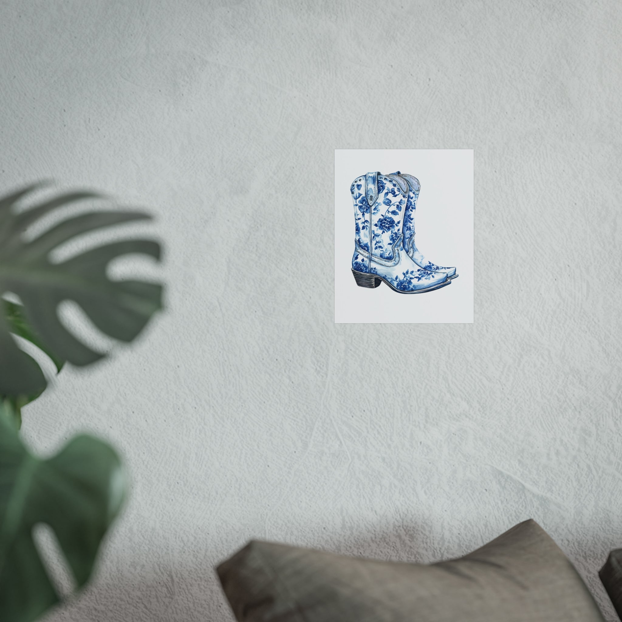 Blue Floral Cowboy Boots Art Print, Dorm Room Decor Rustic Home Art, Gift for Cowgirl, Country Decor, Bohemian Style