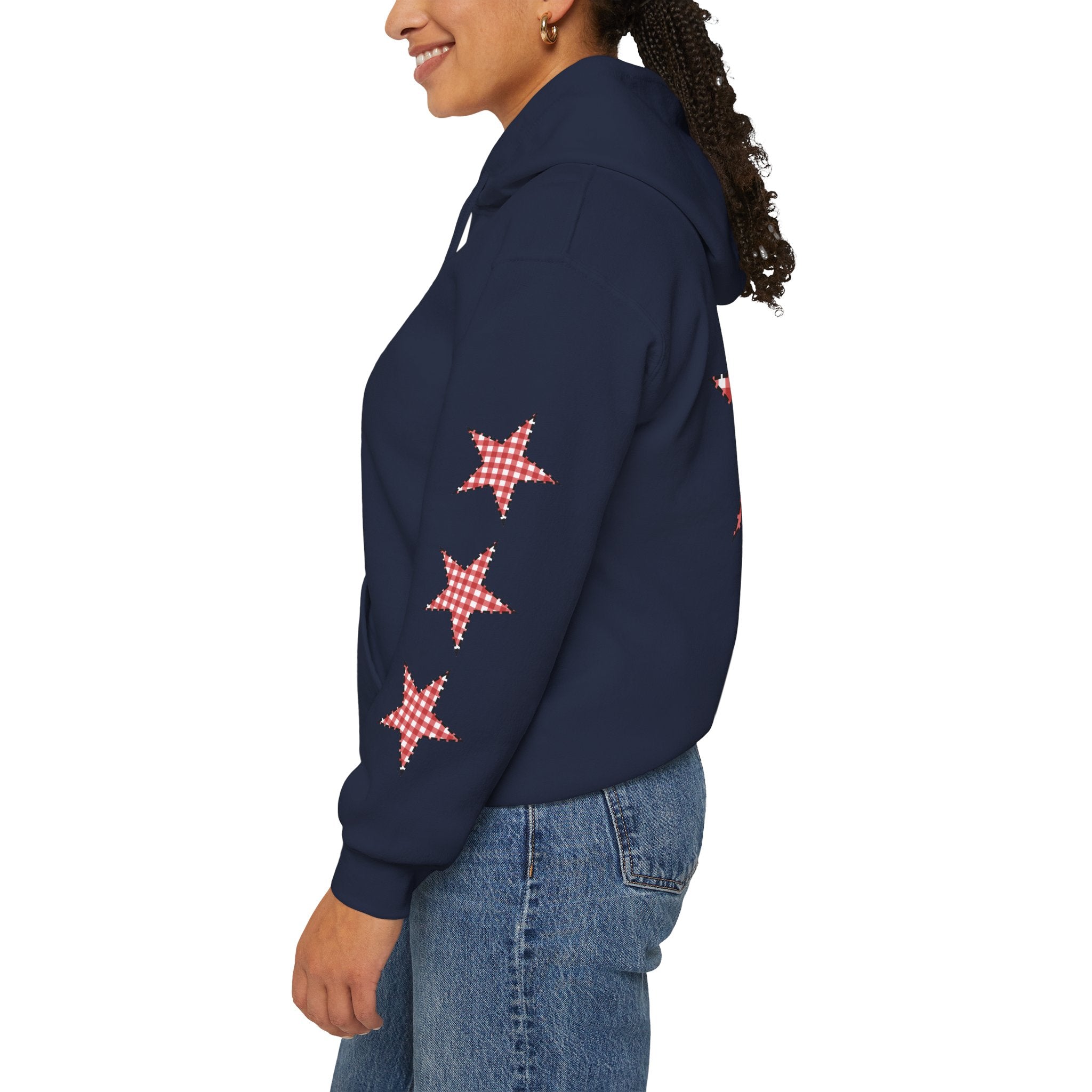 Red Gingham Star Hoodie, Cozy Winter Sweatshirt, Casual Unisex Outerwear, Perfect Gift for Birthdays, Holidays, and Trendy Outfits
