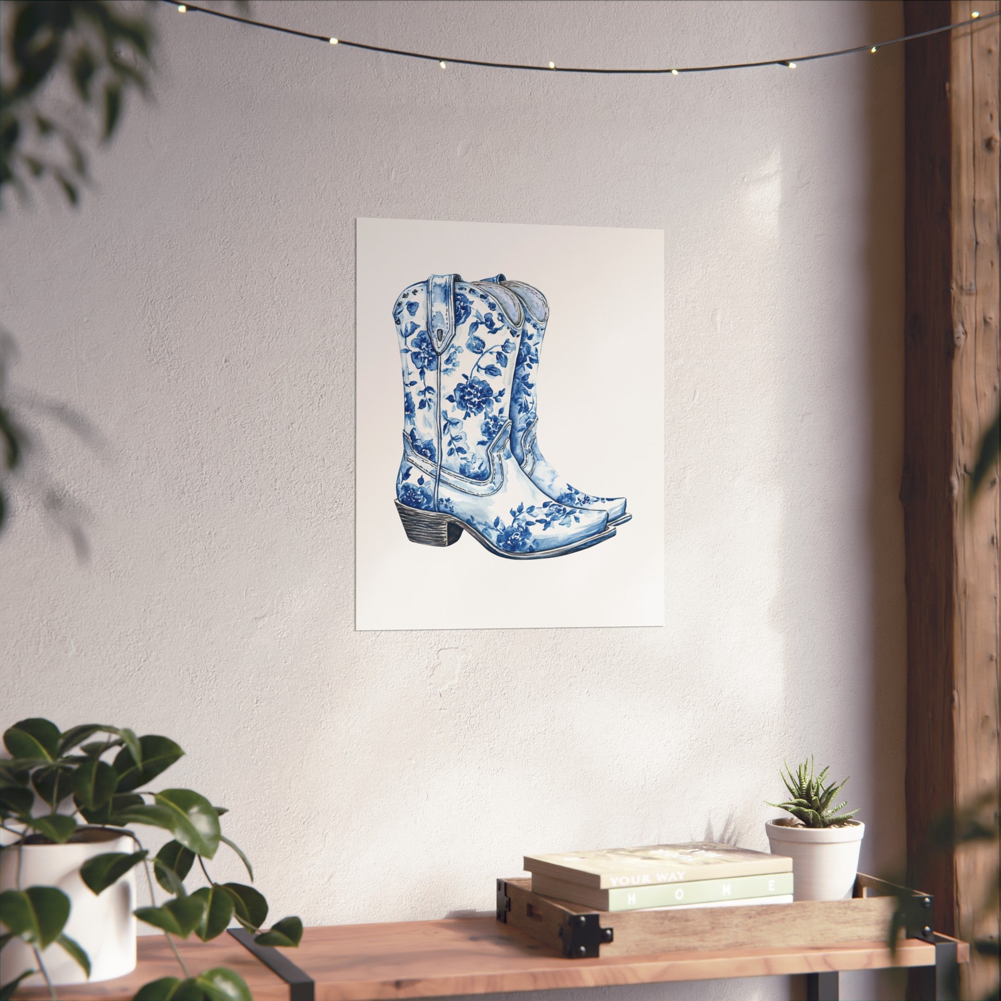 Blue Floral Cowboy Boots Art Print, Dorm Room Decor Rustic Home Art, Gift for Cowgirl, Country Decor, Bohemian Style