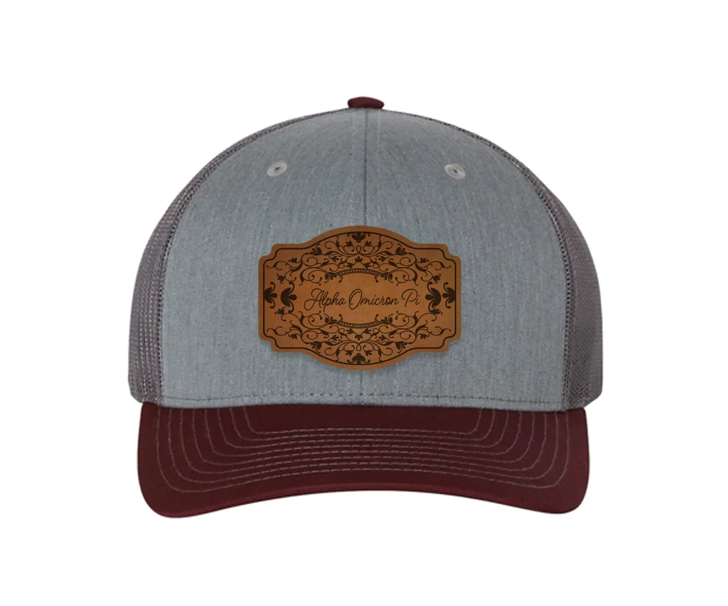 Alpha Omicron Pi Richardson 112 Leatherette Patch Trucker Hat - Scroll