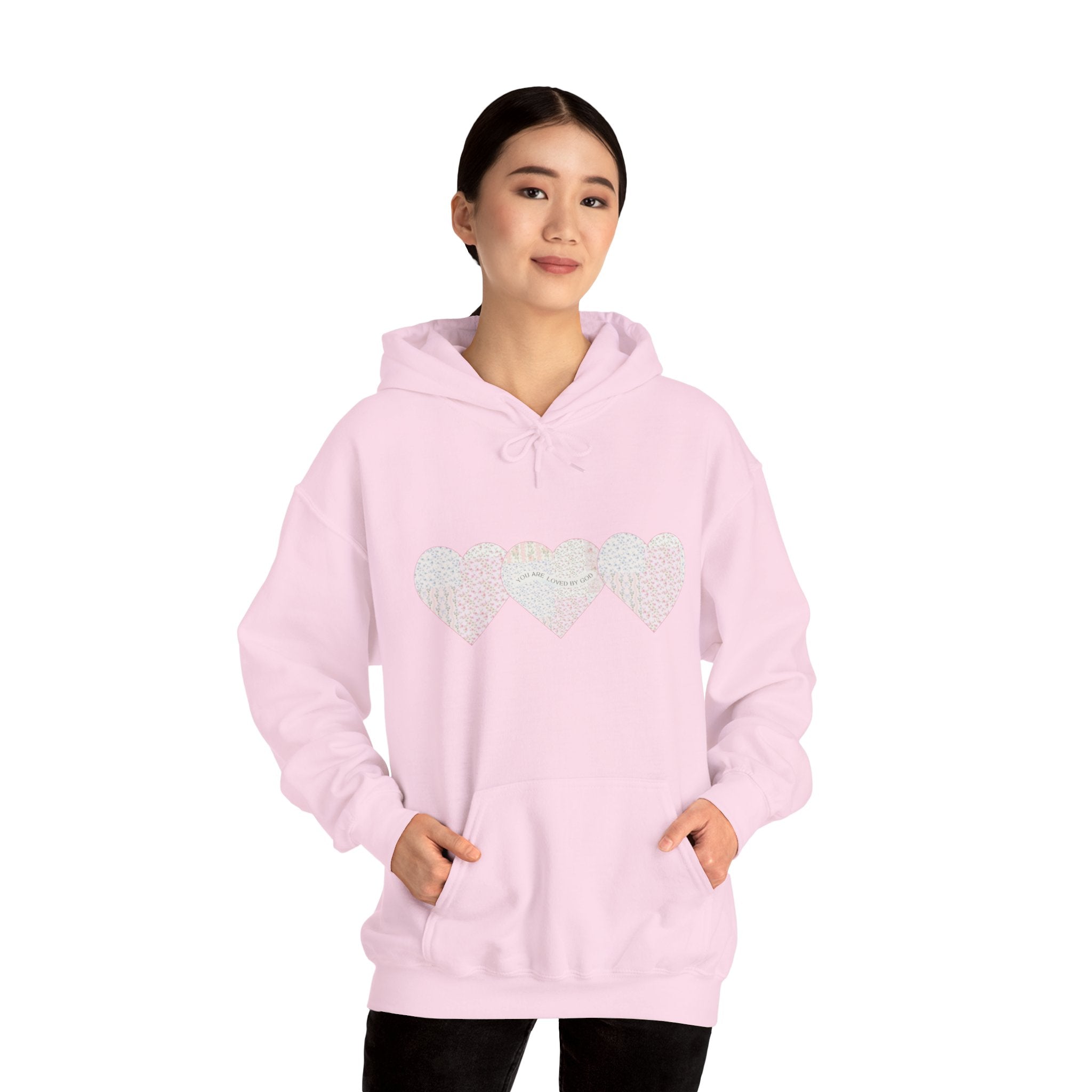You Are Loved By God Heartfelt Hoodie with Patchwork Hearts Design