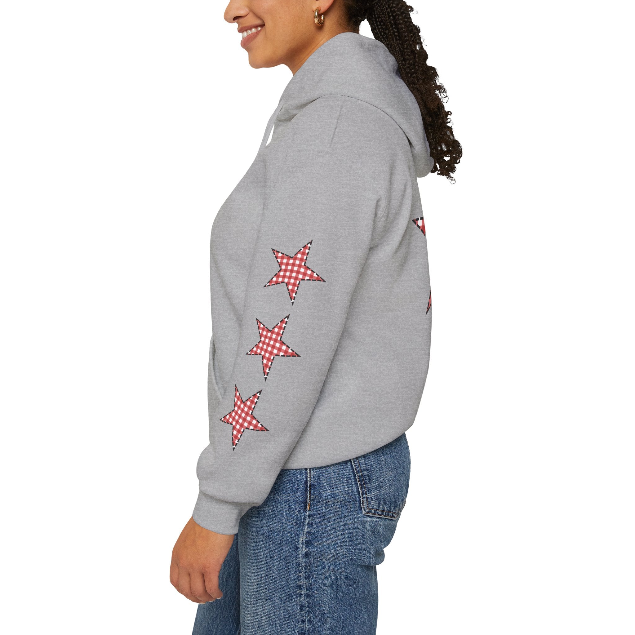 Red Gingham Star Hoodie, Cozy Winter Sweatshirt, Casual Unisex Outerwear, Perfect Gift for Birthdays, Holidays, and Trendy Outfits