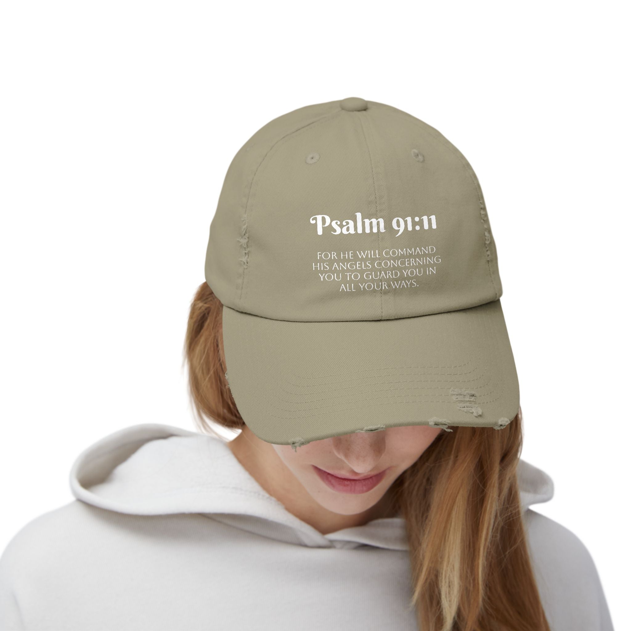 Faith-Inspired Unisex Distressed Cap, Psalm 91:11 Scripture Hat for Daily Wear, Inspirational Gift, Casual Style, Christian Faith