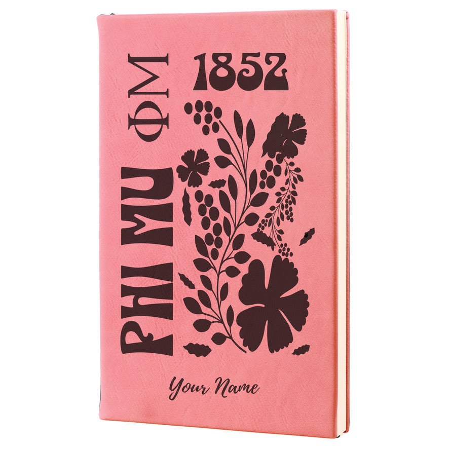 Phi Mu Personalized Leatherette Notebook Journal - Retro Floral