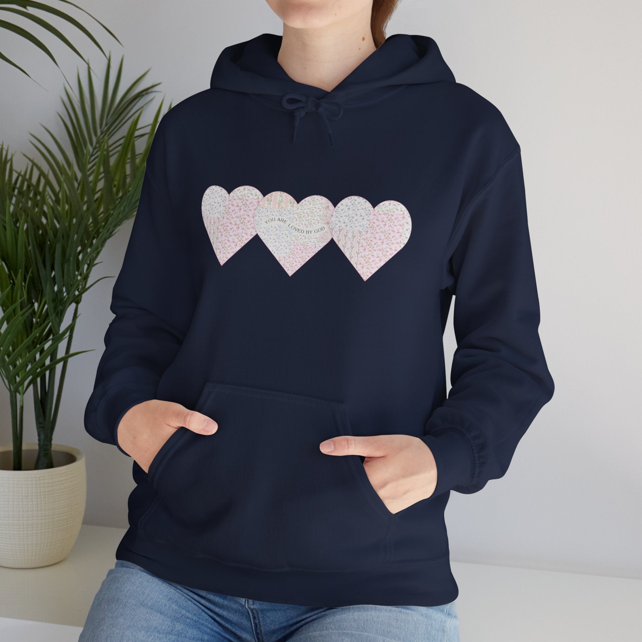 You Are Loved By God Heartfelt Hoodie with Patchwork Hearts Design