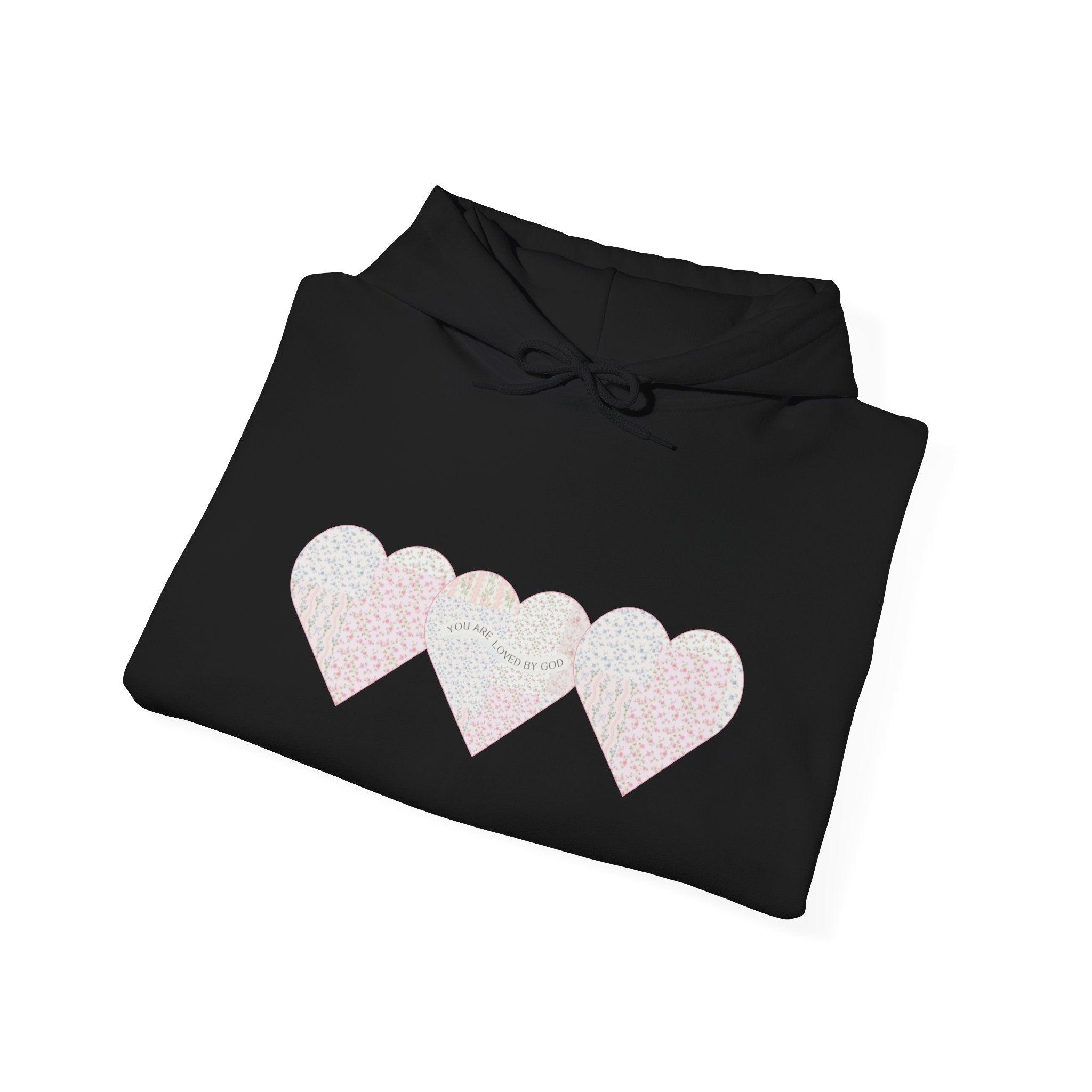 You Are Loved By God Heartfelt Hoodie with Patchwork Hearts Design