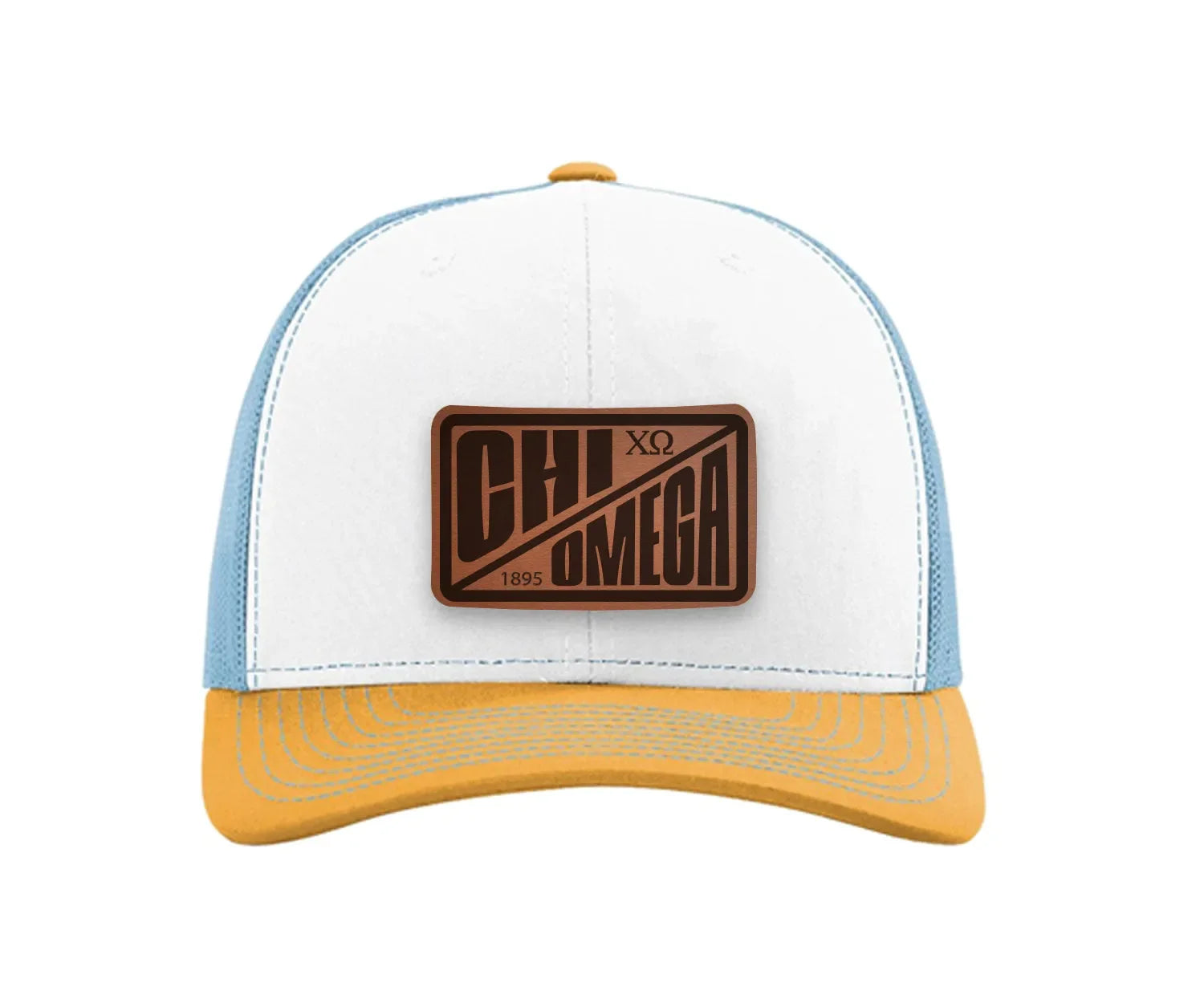 Chi Omega Richardson 112 Leatherette Patch Trucker Hat - Divide