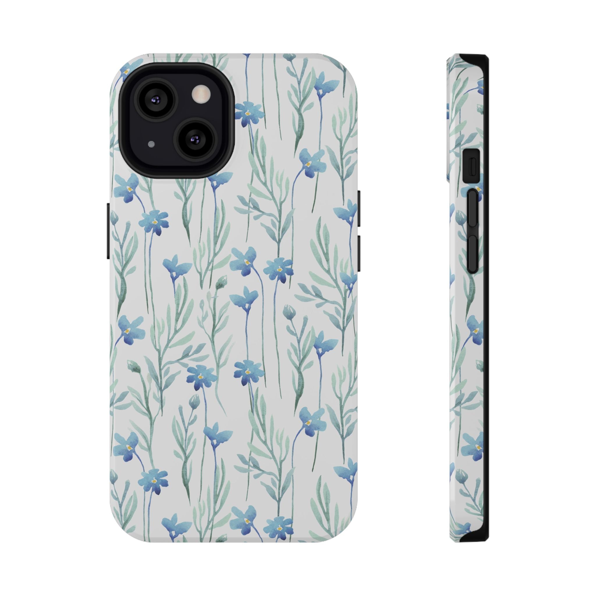 Phone case with blue floral pattern on a white background