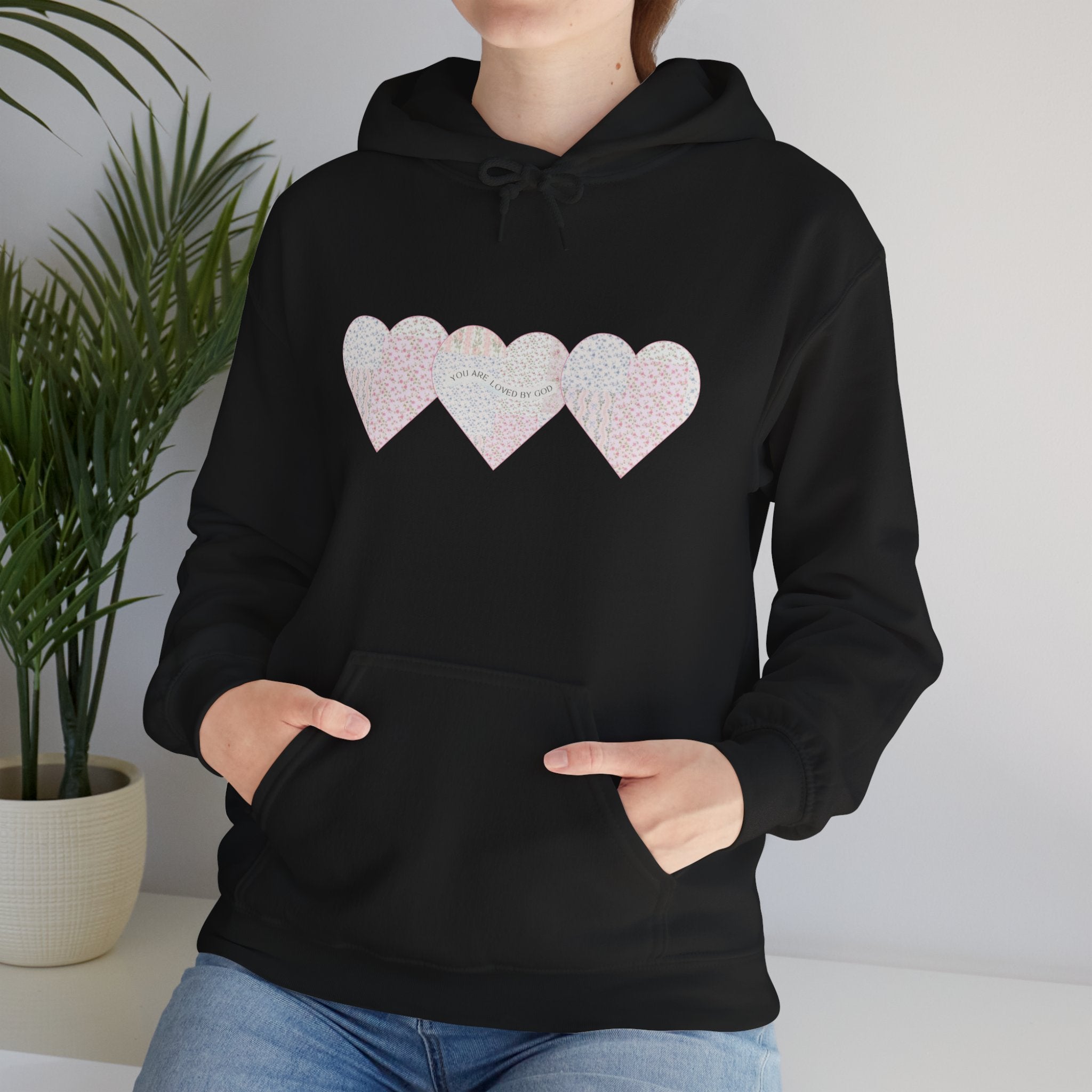 You Are Loved By God Heartfelt Hoodie with Patchwork Hearts Design