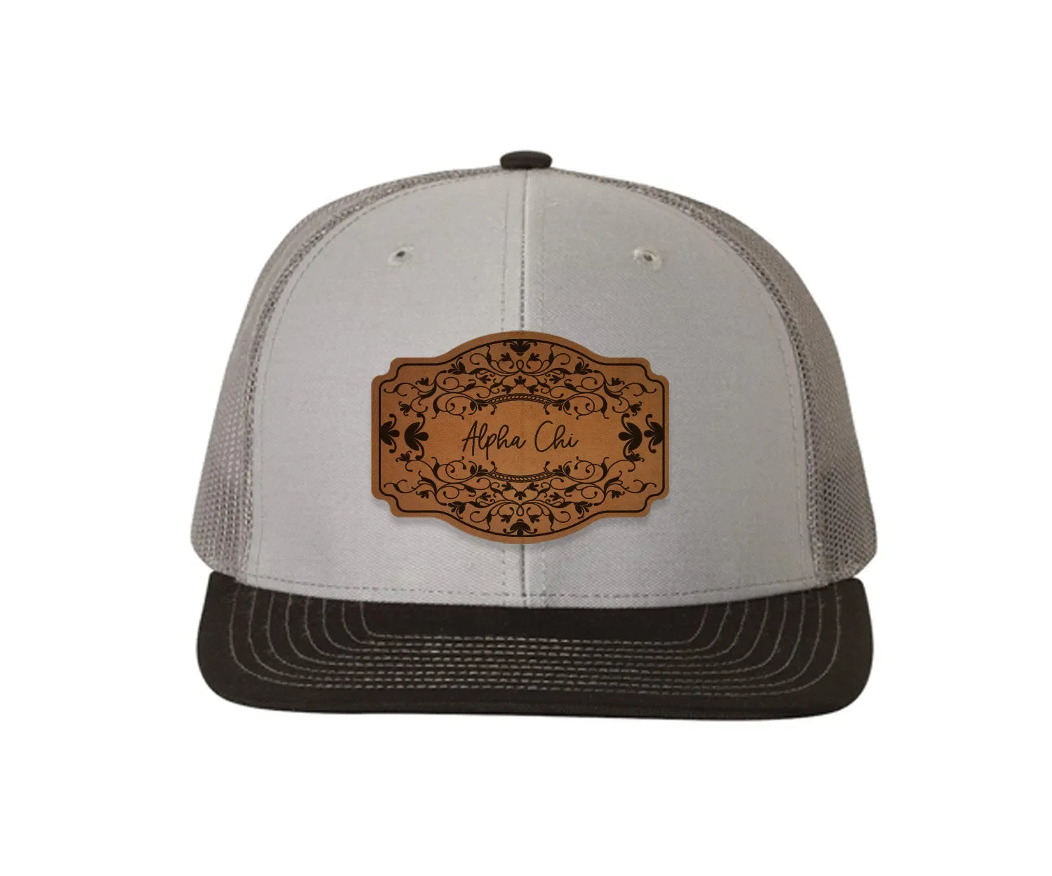 Alpha Chi Omega Richardson 112 Leatherette Patch Trucker Hat - Scroll