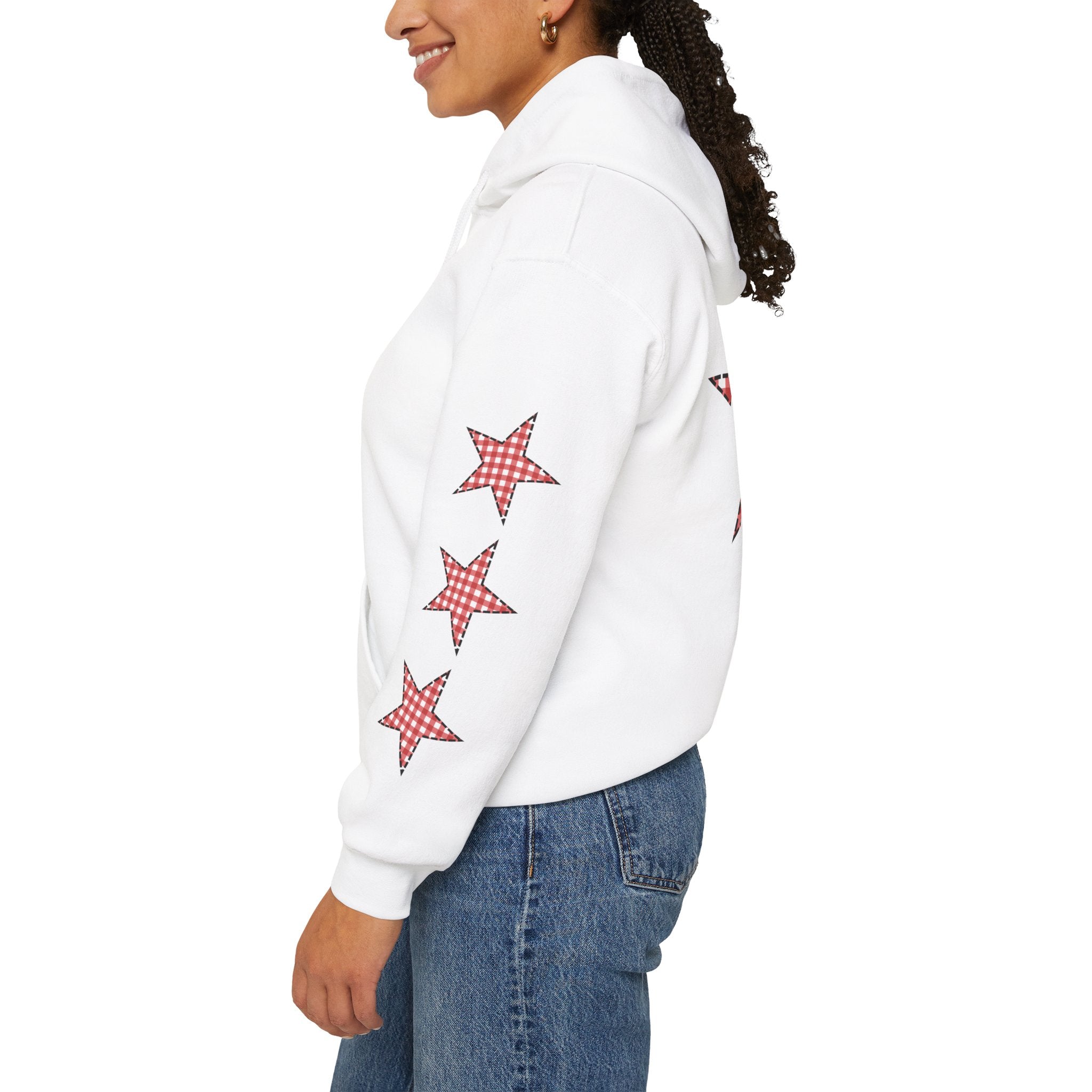 Red Gingham Star Hoodie, Cozy Winter Sweatshirt, Casual Unisex Outerwear, Perfect Gift for Birthdays, Holidays, and Trendy Outfits
