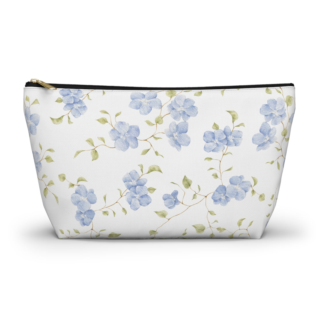 Floral-patterned pouch with blue flowers on a white background