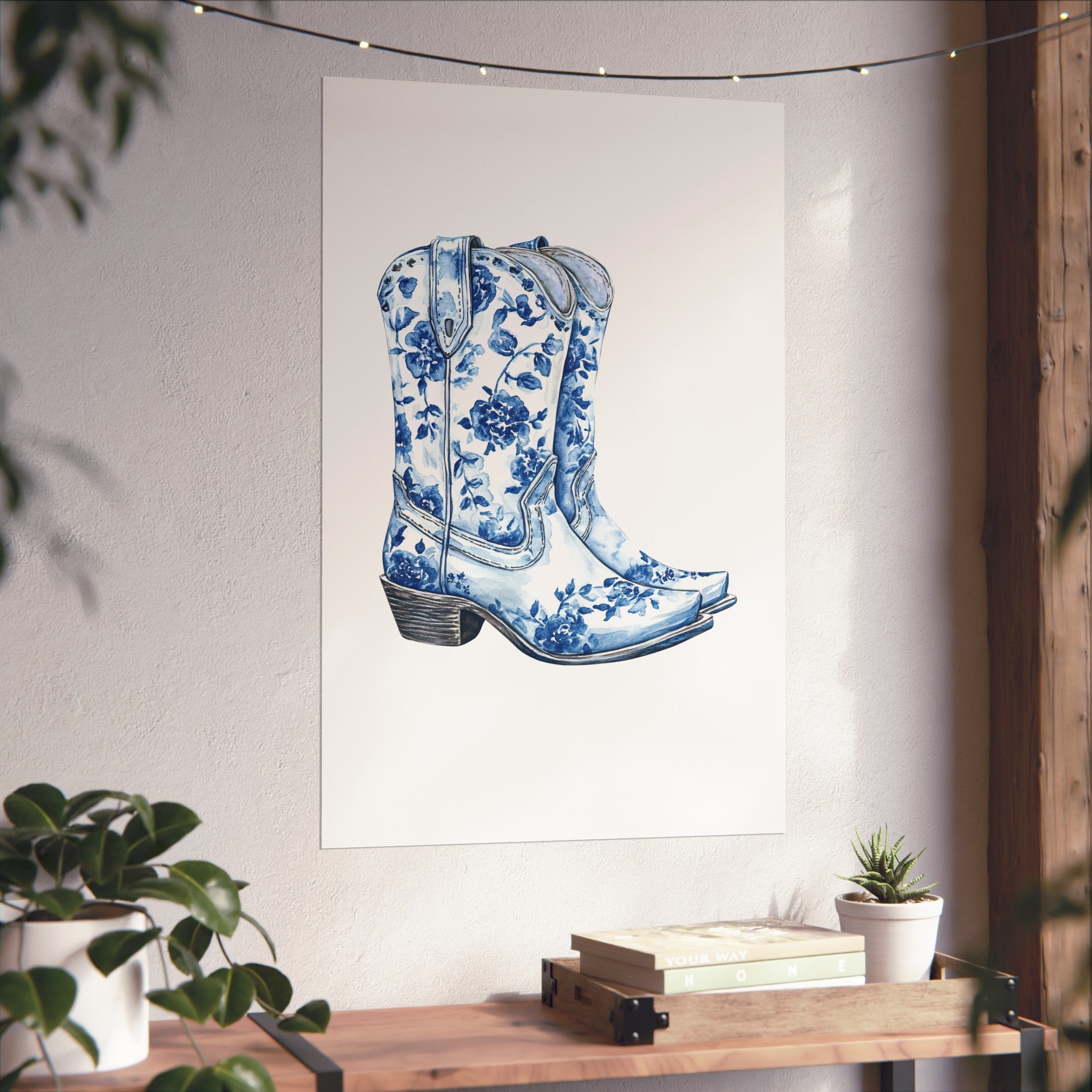 Blue Floral Cowboy Boots Art Print, Dorm Room Decor Rustic Home Art, Gift for Cowgirl, Country Decor, Bohemian Style