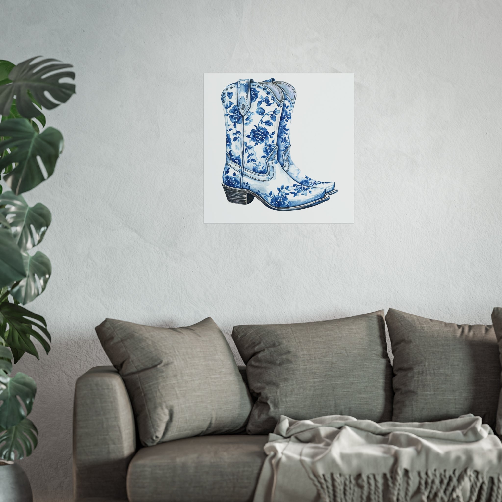 Blue Floral Cowboy Boots Art Print, Dorm Room Decor Rustic Home Art, Gift for Cowgirl, Country Decor, Bohemian Style