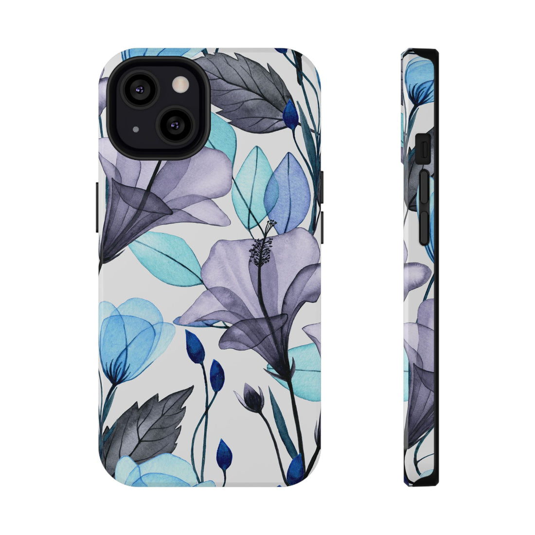 Phone case with blue and gray floral design on a white background