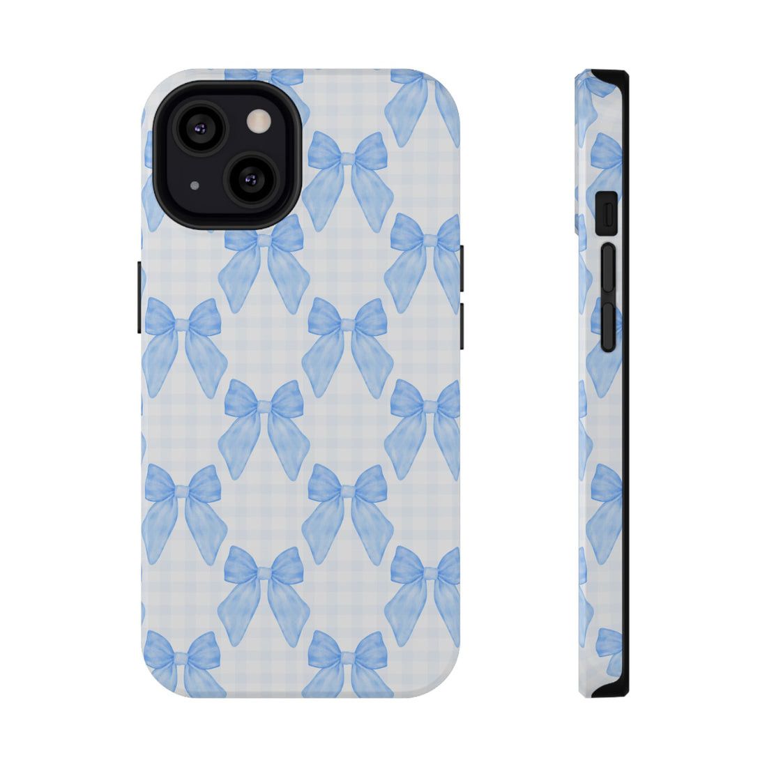 Phone case with blue bow pattern on a light background
