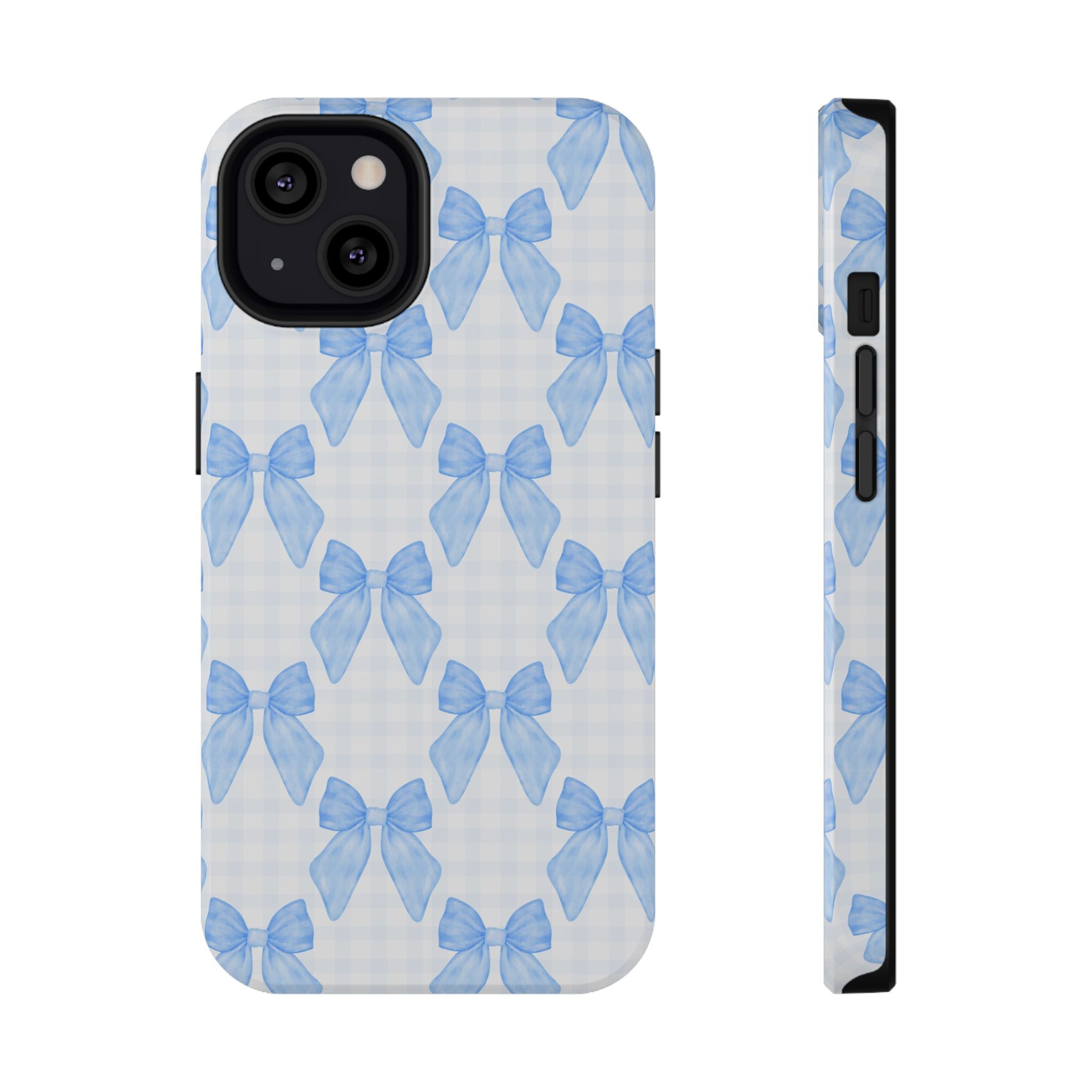 Phone case with blue bow pattern on a light background