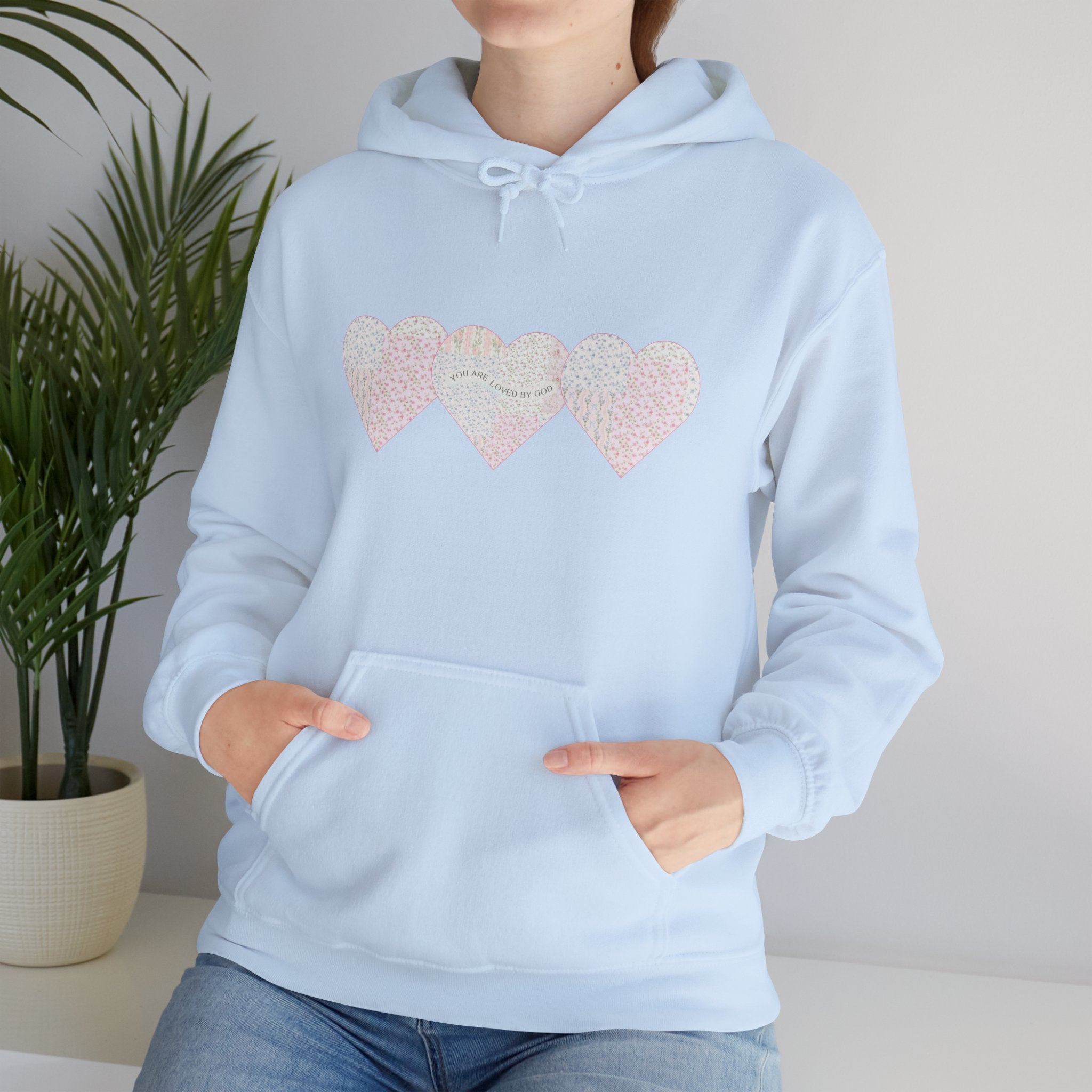 You Are Loved By God Heartfelt Hoodie with Patchwork Hearts Design