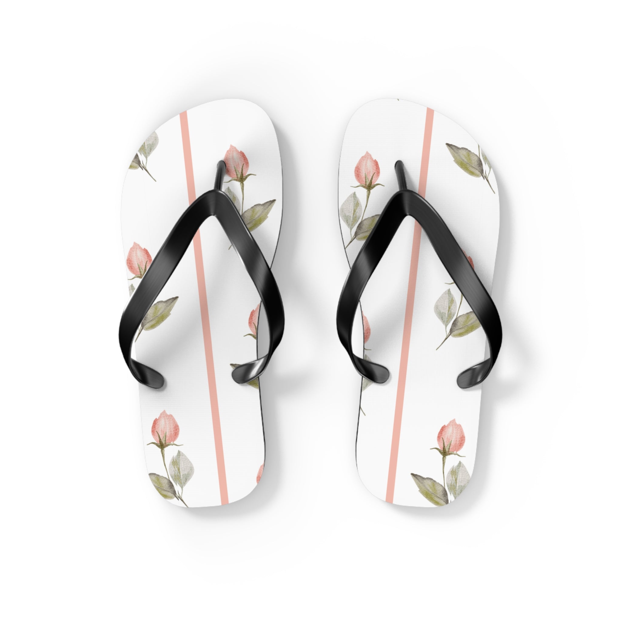 Pair of flip-flops with floral design on a white background