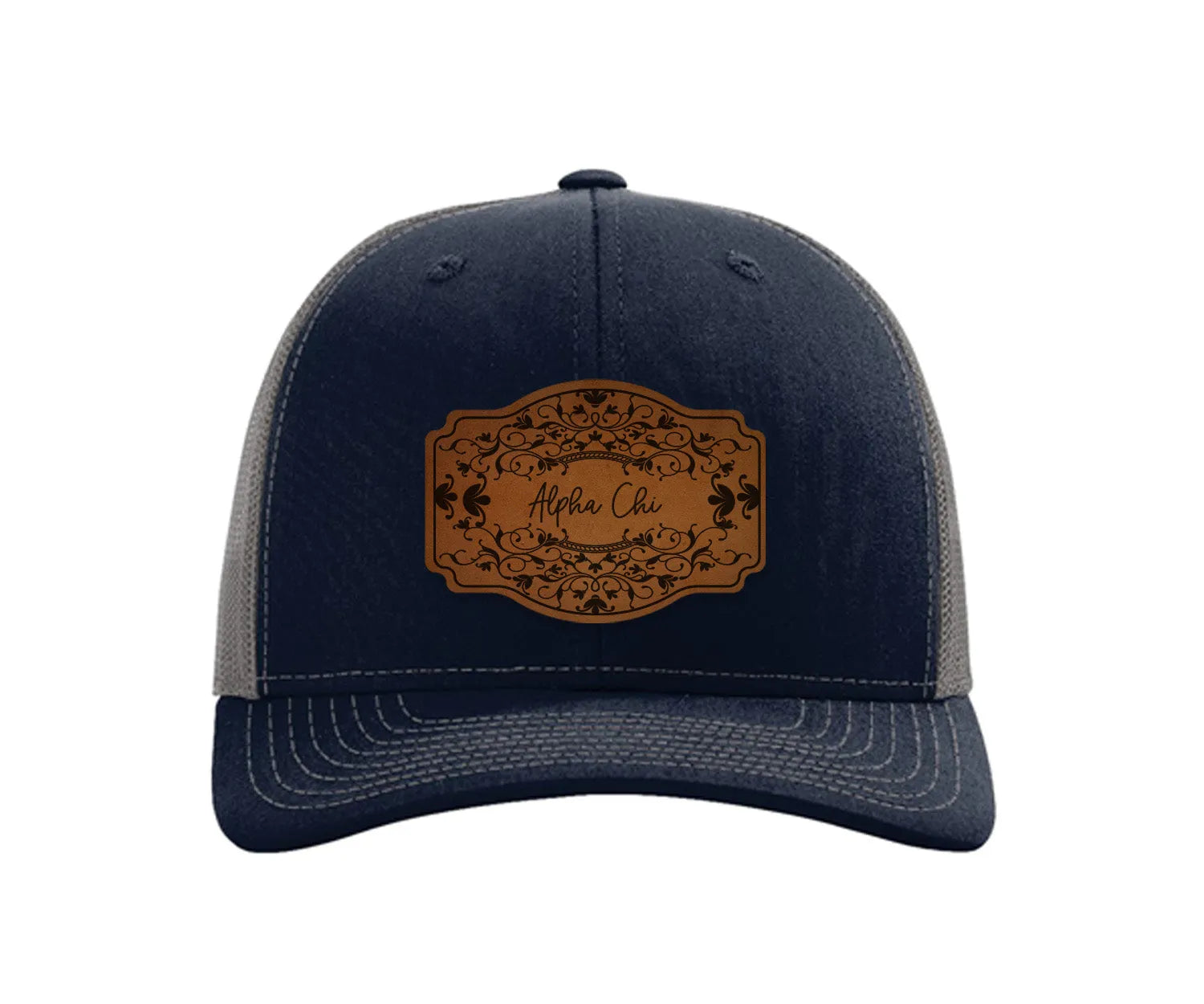 Alpha Chi Omega Richardson 112 Leatherette Patch Trucker Hat - Scroll