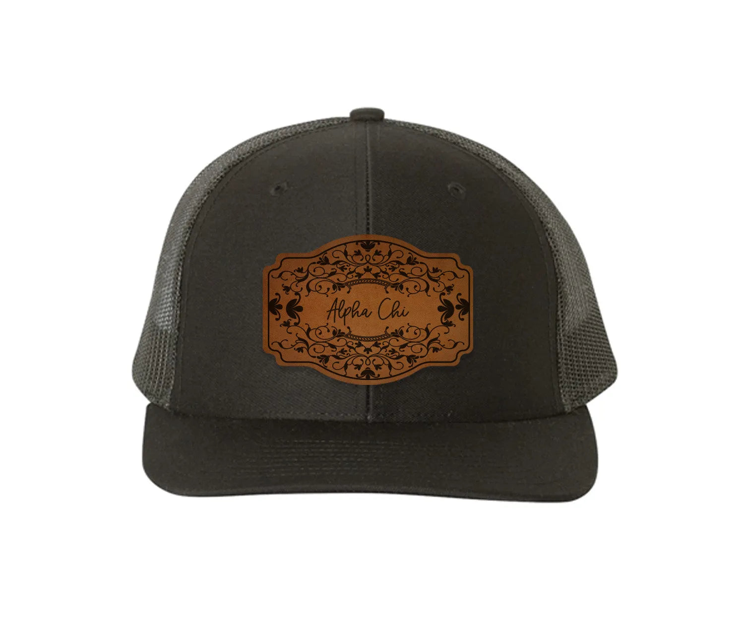 Alpha Chi Omega Richardson 112 Leatherette Patch Trucker Hat - Scroll