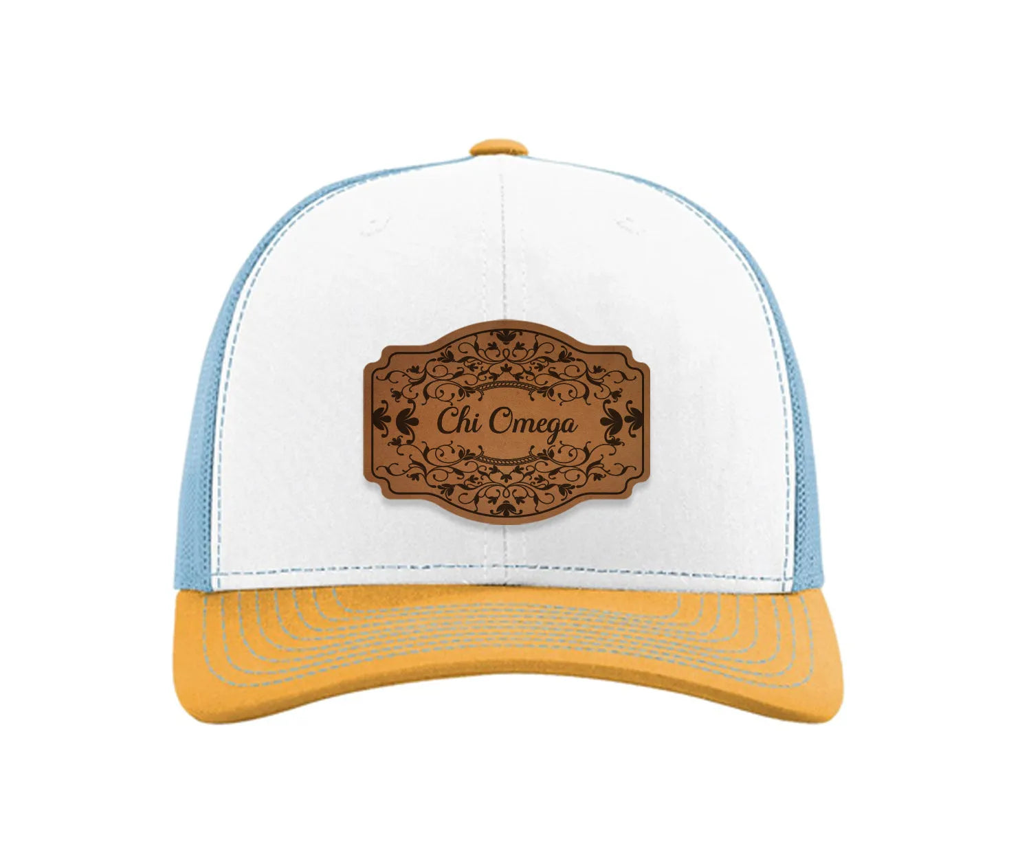Chi Omega Richardson 112 Leatherette Patch Trucker Hat - Scroll