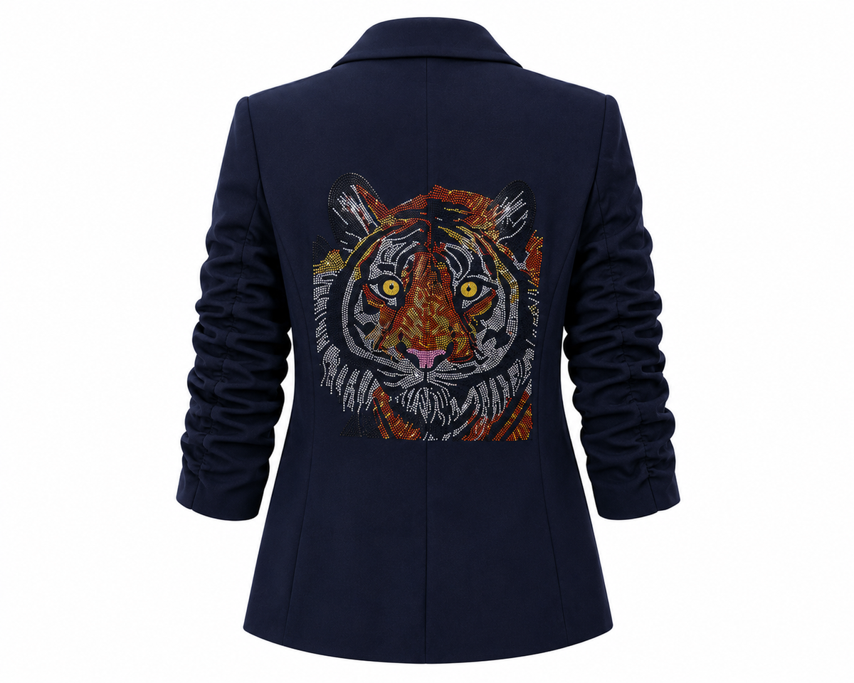 Tiger Head Navy Ruched Sleeve Blazer