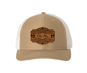 Phi Mu Richardson 112 Leatherette Patch Trucker Hat - Scroll