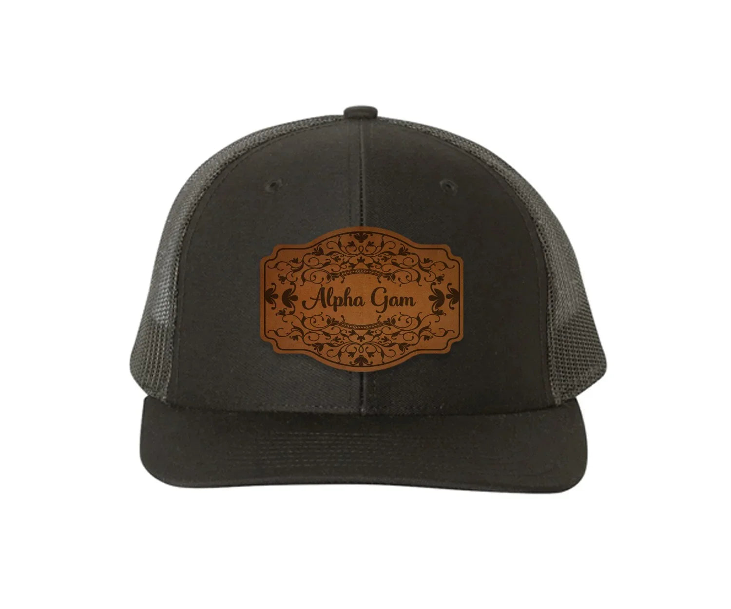 Alpha Gam Richardson 112 Leatherette Patch Trucker Hat - Scroll