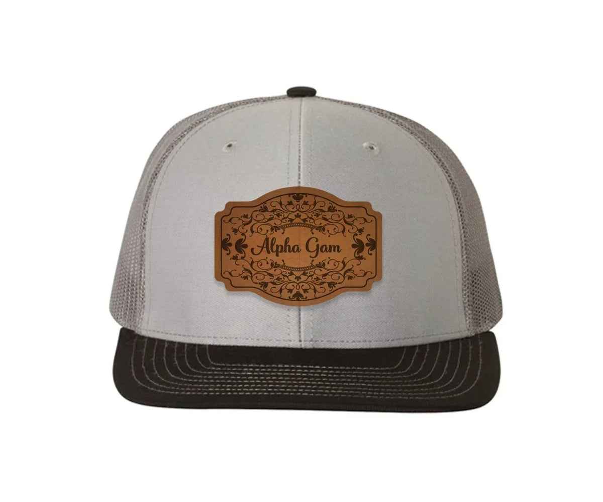 Alpha Gam Richardson 112 Leatherette Patch Trucker Hat - Scroll