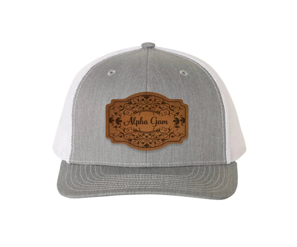 Alpha Gam Richardson 112 Leatherette Patch Trucker Hat - Scroll
