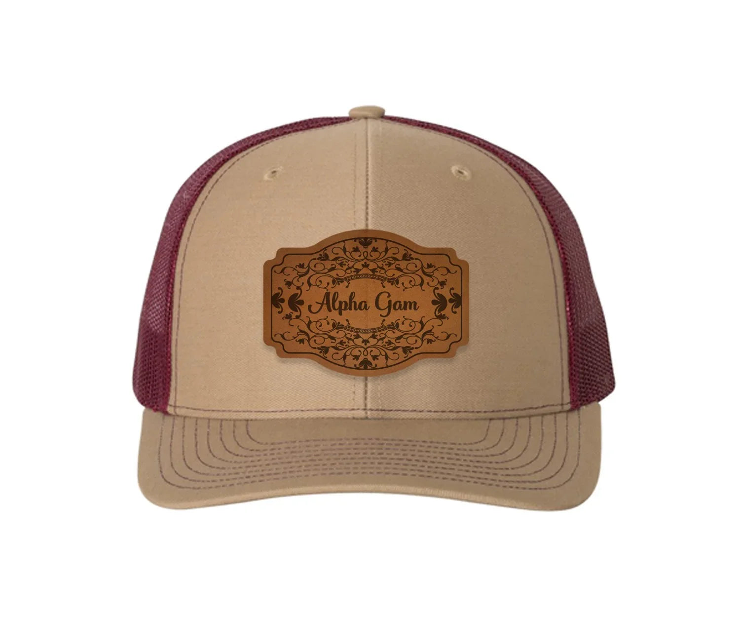 Alpha Gam Richardson 112 Leatherette Patch Trucker Hat - Scroll