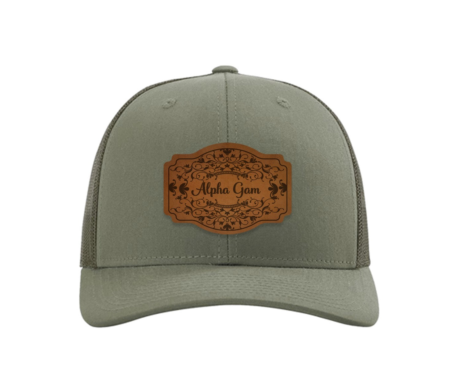 Alpha Gam Richardson 112 Leatherette Patch Trucker Hat - Scroll