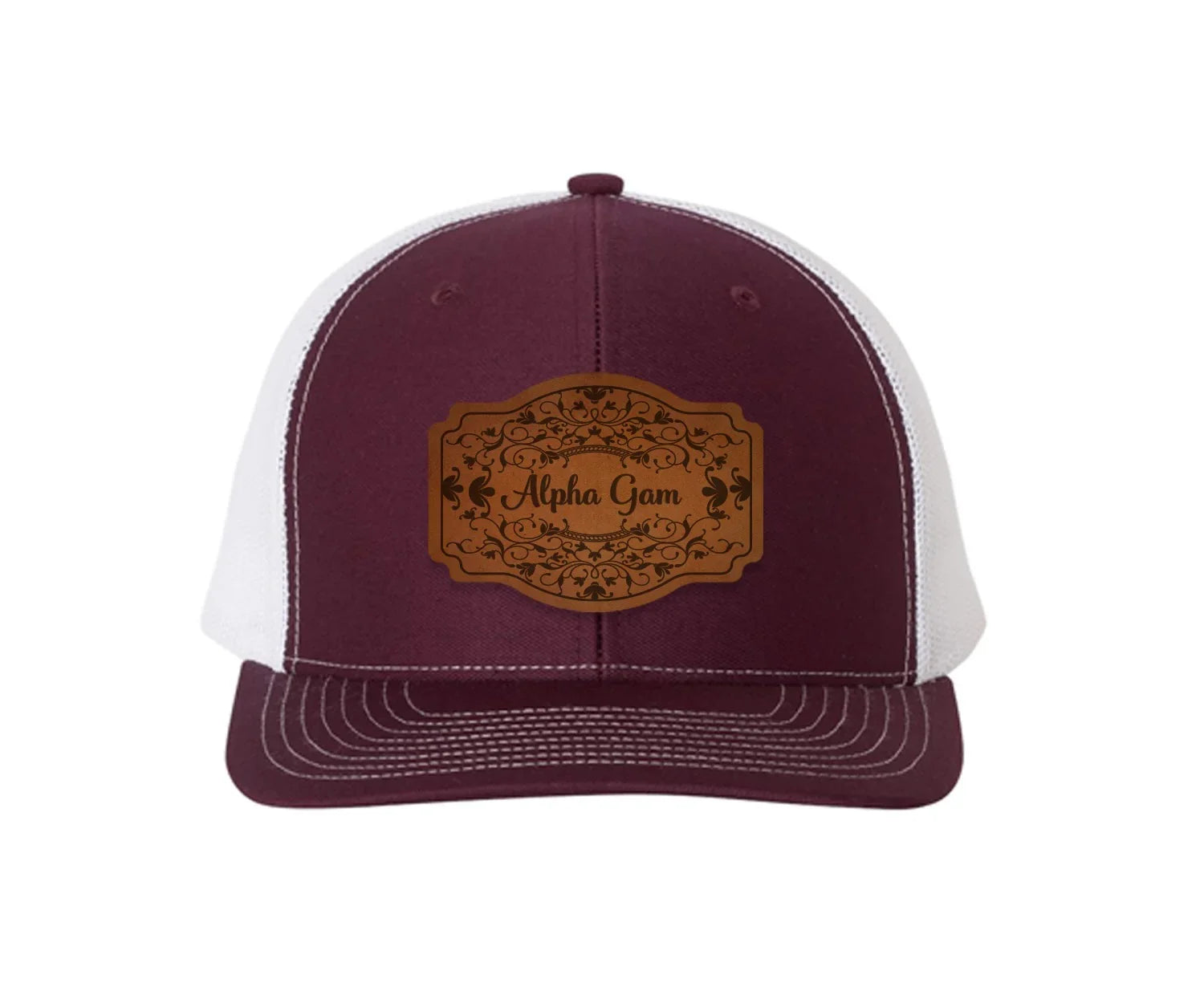 Alpha Gam Richardson 112 Leatherette Patch Trucker Hat - Scroll