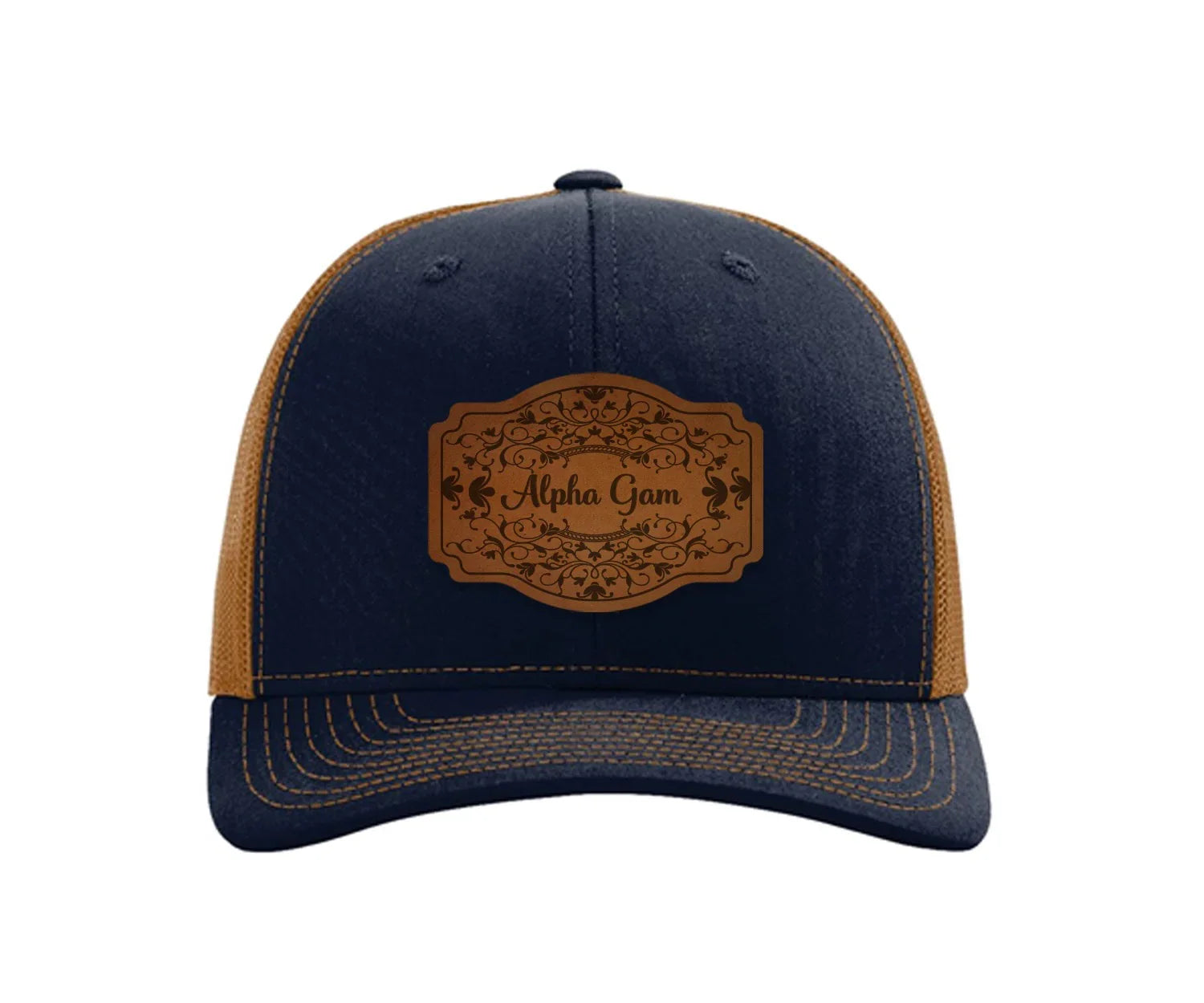 Alpha Gam Richardson 112 Leatherette Patch Trucker Hat - Scroll