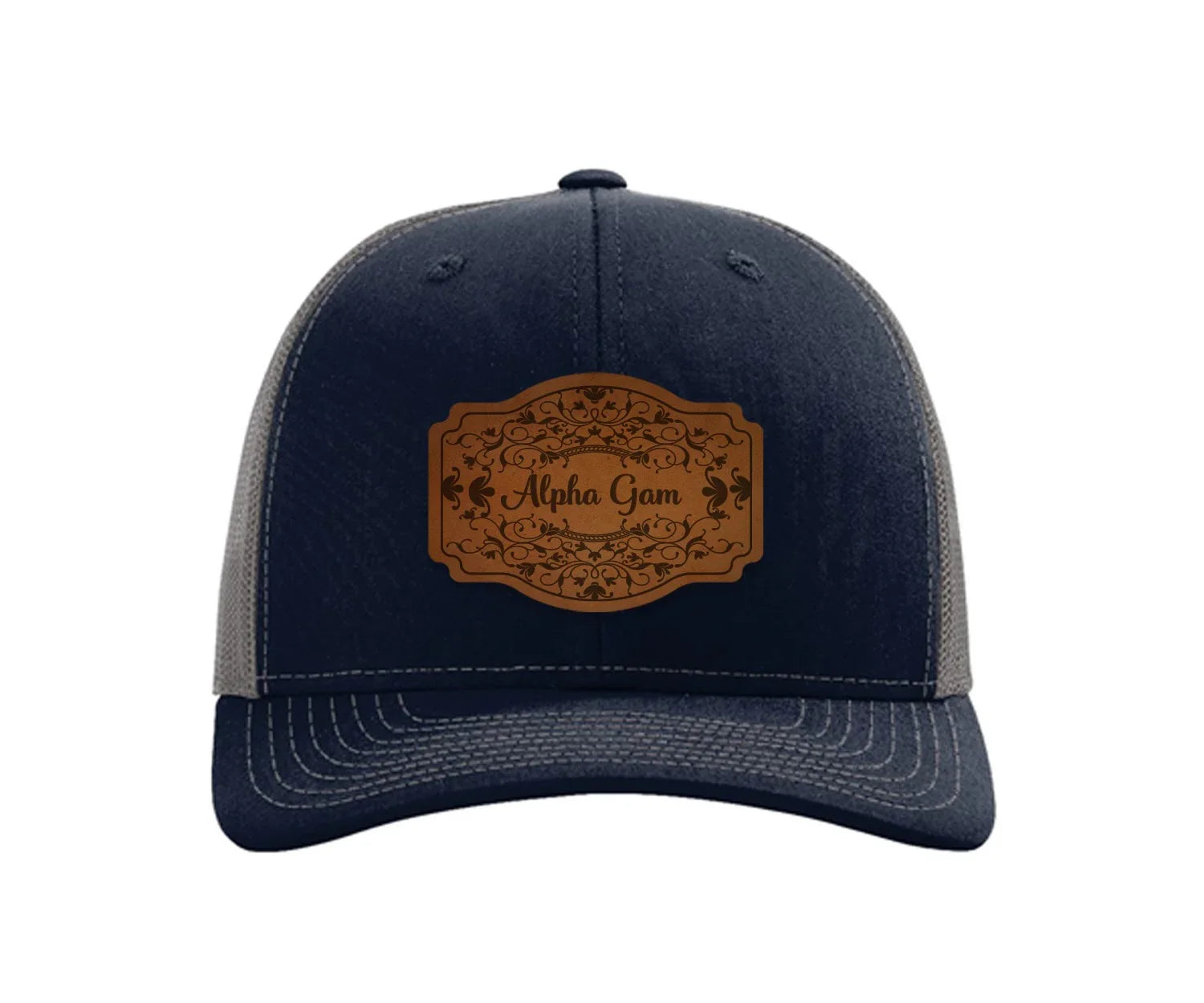 Alpha Gam Richardson 112 Leatherette Patch Trucker Hat - Scroll