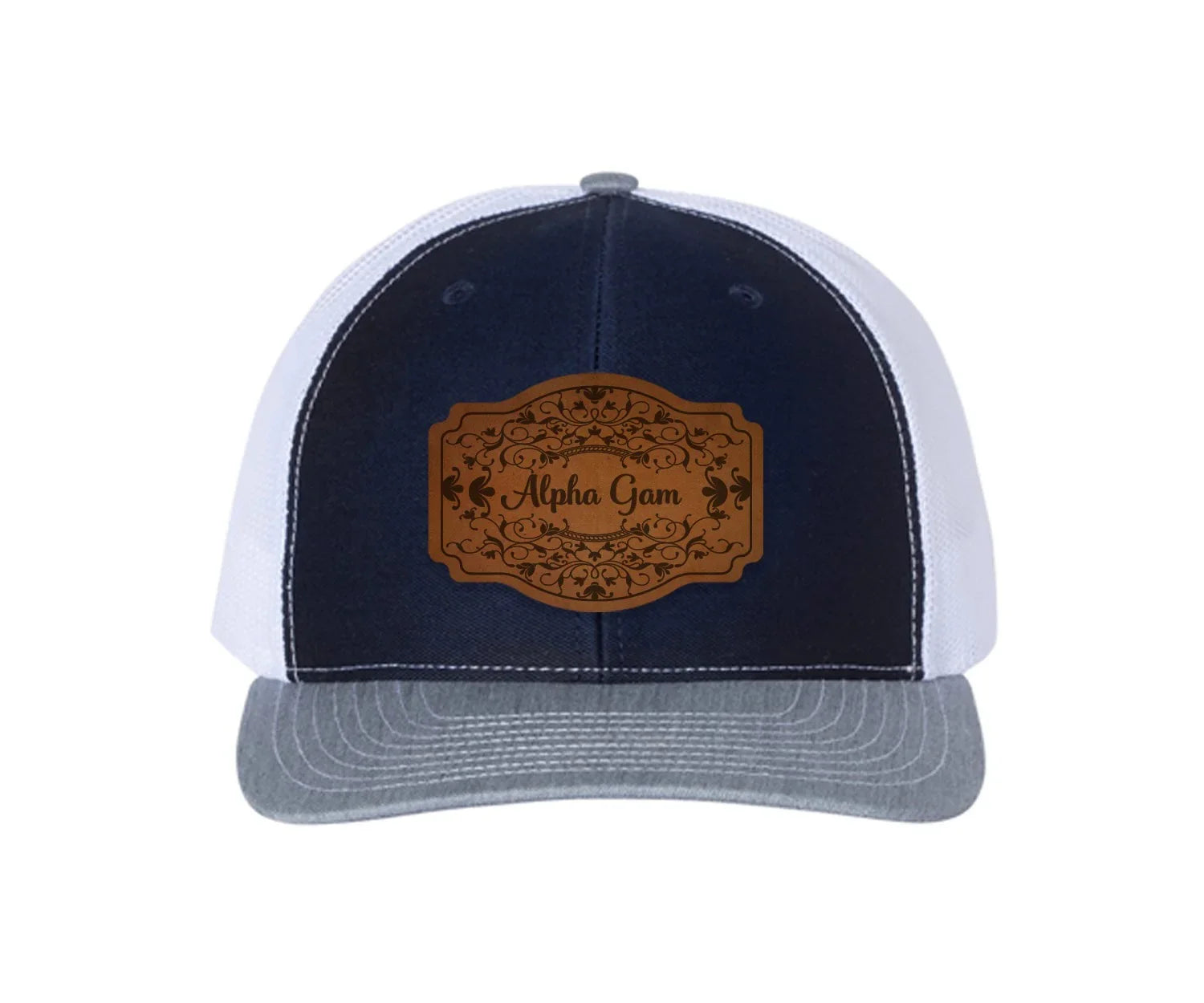Alpha Gam Richardson 112 Leatherette Patch Trucker Hat - Scroll
