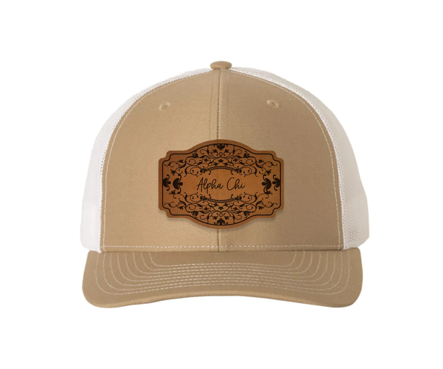 Alpha Chi Omega Richardson 112 Leatherette Patch Trucker Hat - Scroll